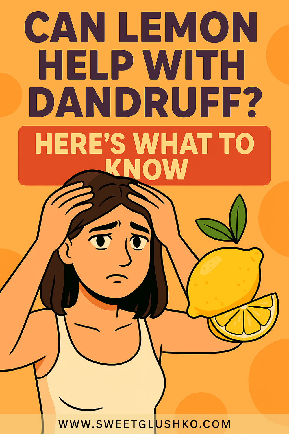Illustration of a worried woman touching her scalp with both hands, suggesting dandruff concern. A bright lemon and lemon slice appear beside her, hinting at natural remedies. The background uses orange tones and circular patterns to emphasize the theme.