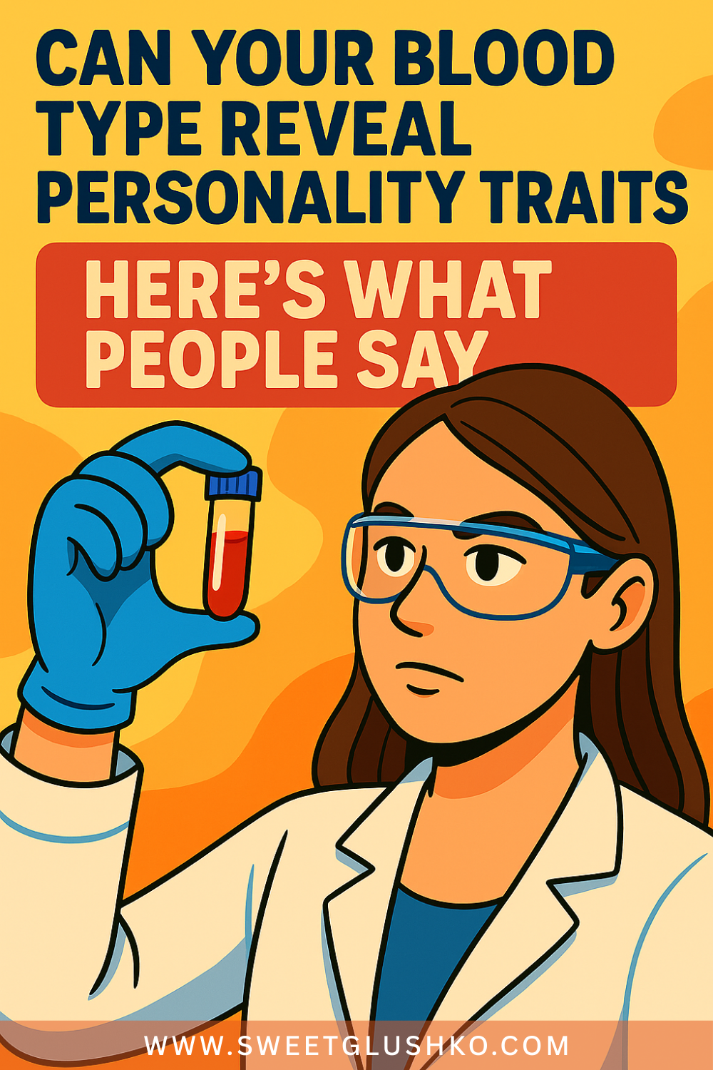 Female scientist in a lab coat and safety glasses closely examines a vial of blood. She’s surrounded by bold yellow and orange colors, illustrating a question about whether blood type can reveal personality traits.