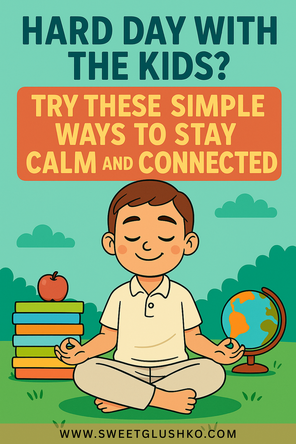 Cartoon boy sitting cross-legged and meditating outdoors with eyes closed, surrounded by books, a globe, and an apple, symbolizing calm and connection after a tough parenting day.