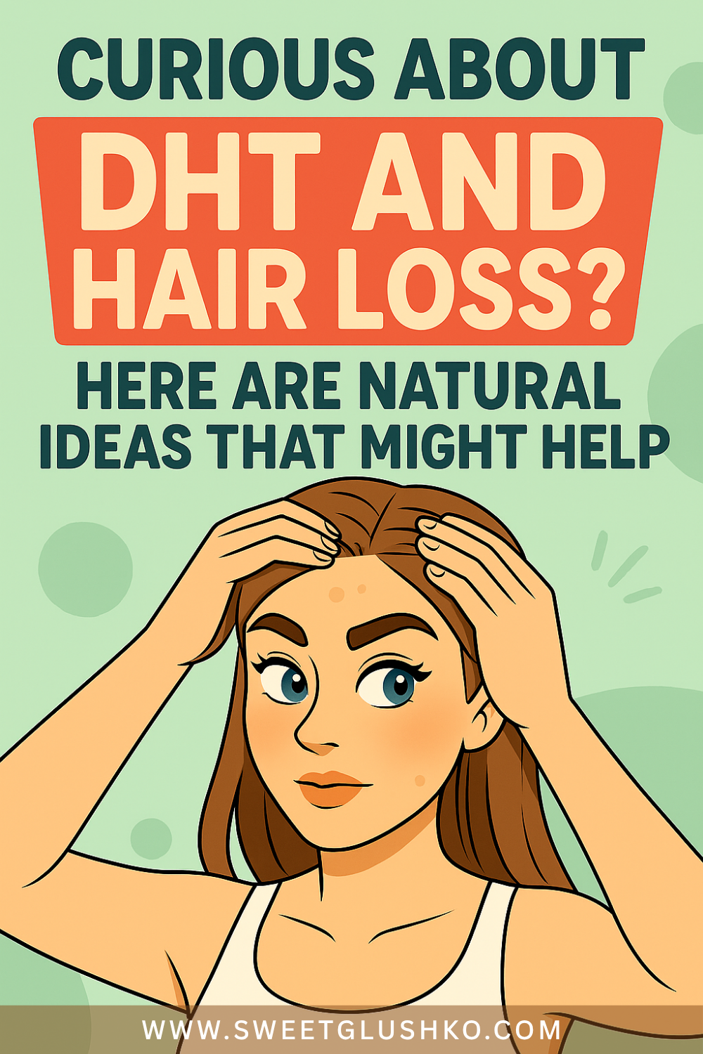 Woman examining her hairline with concern, hands on her scalp, paired with bold text about DHT and hair loss, suggesting natural ideas that might help.