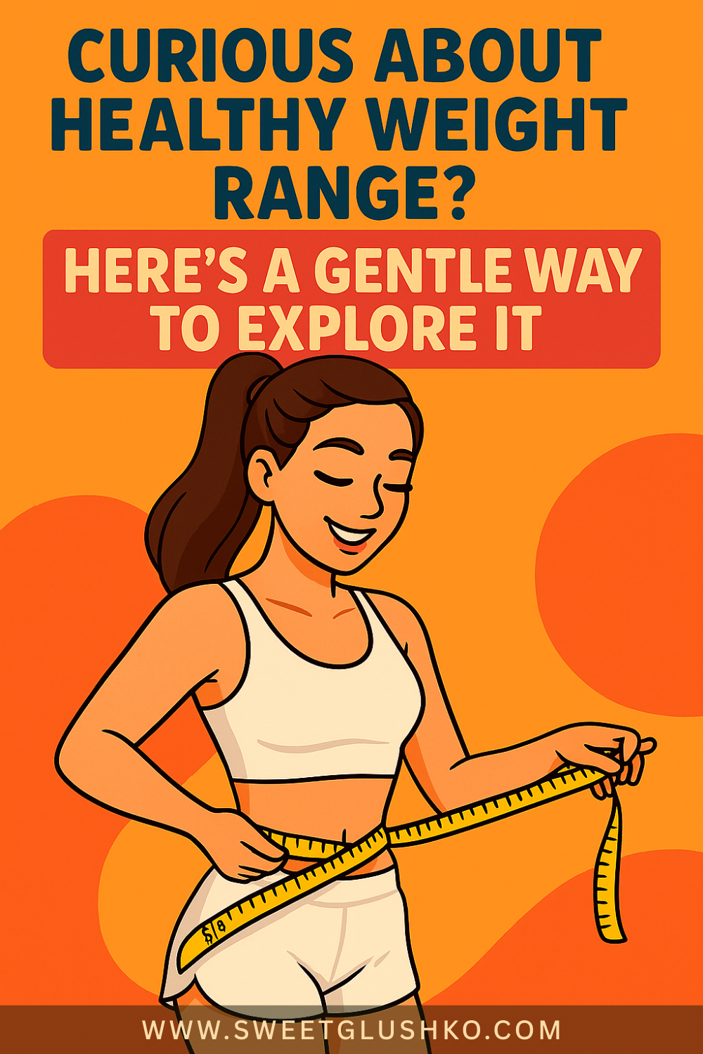 Illustration of a smiling woman in activewear measuring her waist with a tape measure, paired with text exploring a gentle approach to understanding healthy weight range.