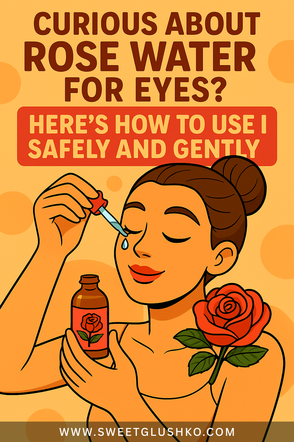 Woman using a dropper to apply rose water near her eye, holding a bottle labeled with a rose. The scene is styled in soft orange tones with a gentle, relaxing vibe, highlighting safe and gentle rose water use for eyes.