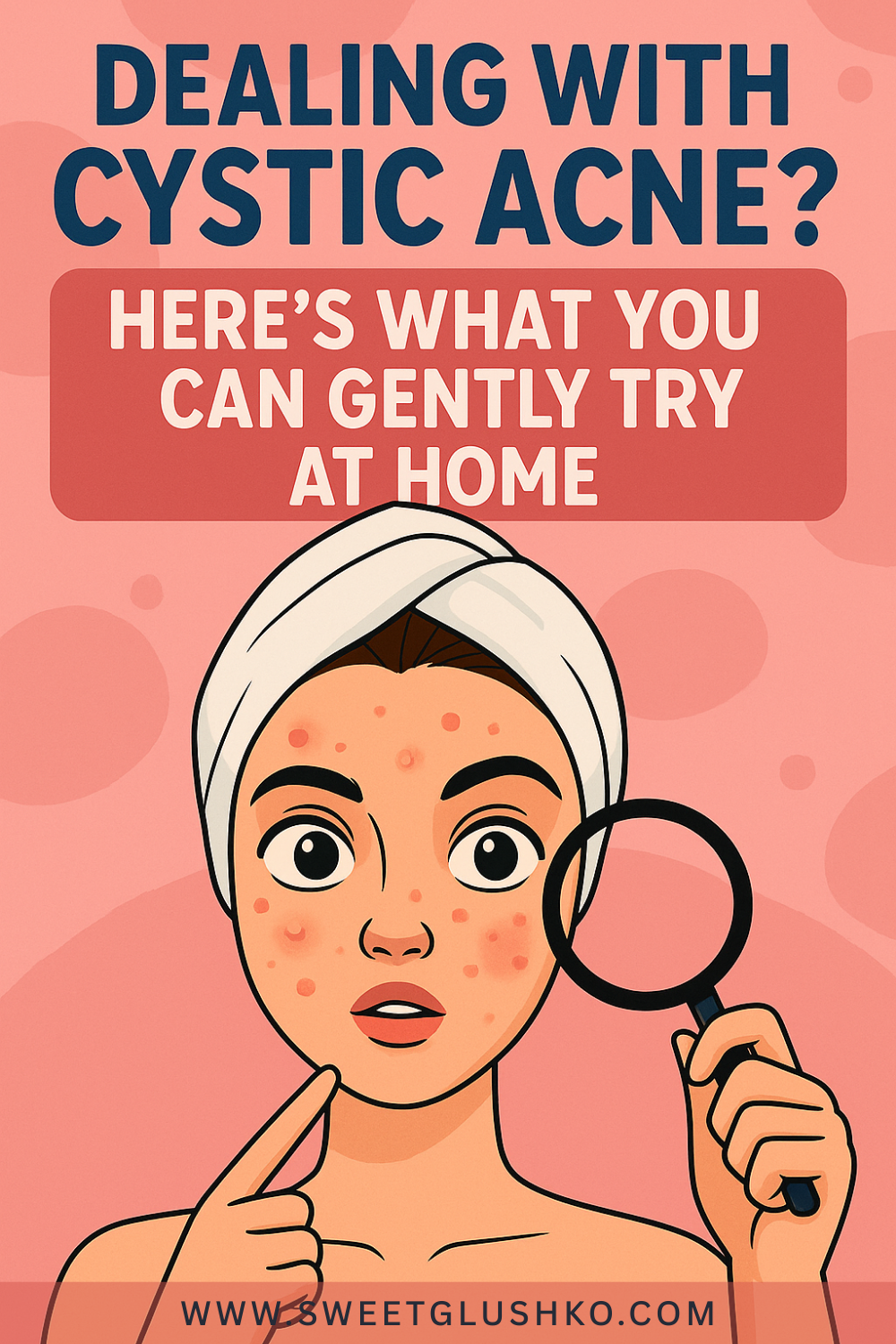 Illustration of a concerned woman with visible cystic acne holding a magnifying glass and pointing to her face, suggesting gentle home remedies for clearer skin.
