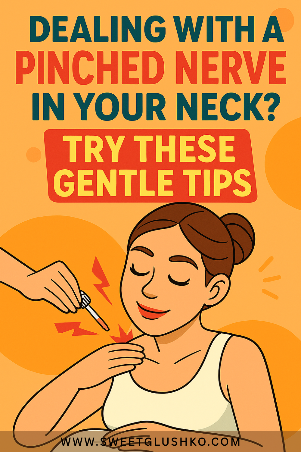 Illustration of a relaxed woman receiving a drop of oil on her neck, with calm expressions and vibrant orange tones symbolizing relief from a pinched nerve.