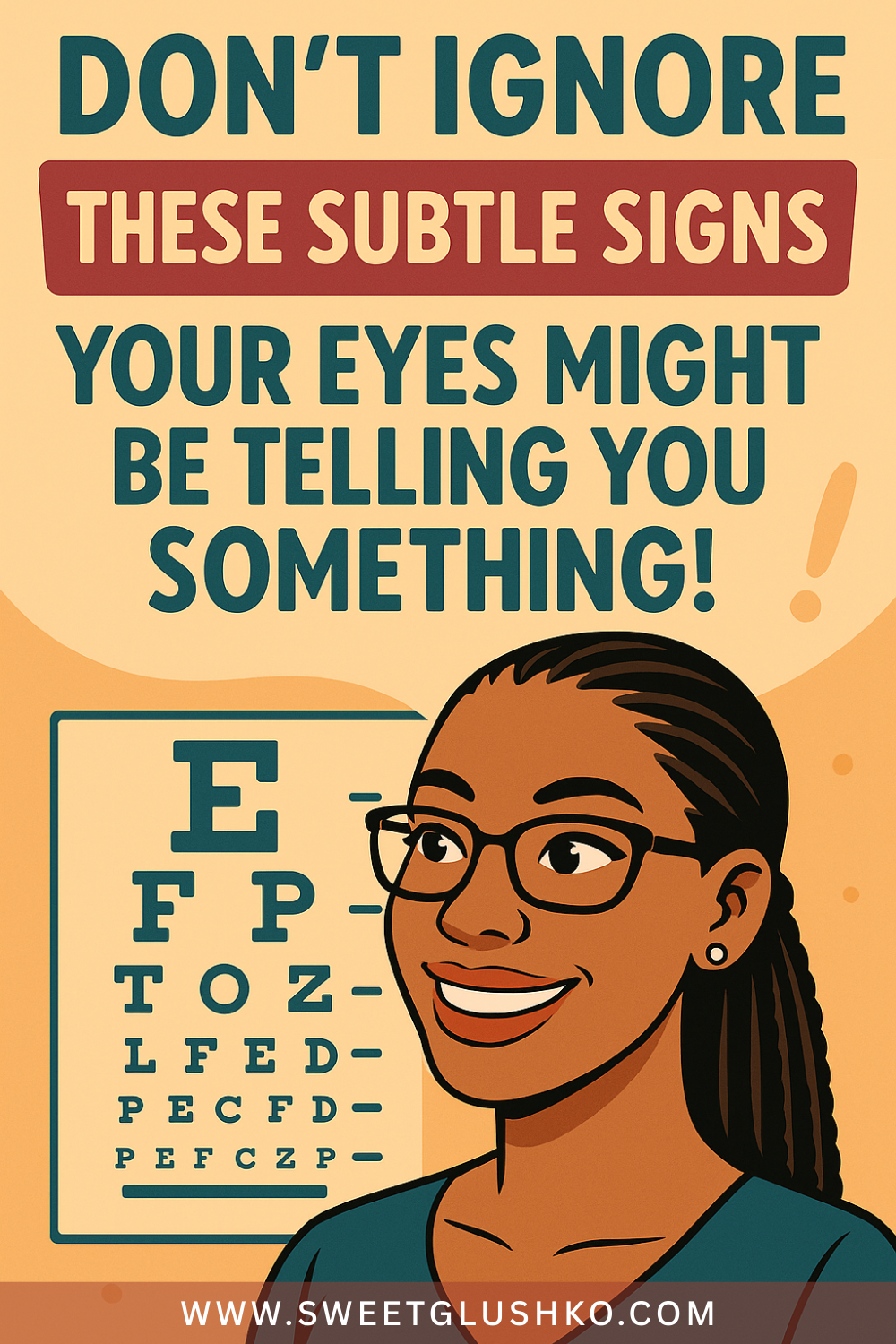 Illustration of a smiling woman wearing glasses standing near an eye chart, suggesting the importance of common eye problems you shouldn't overlook.