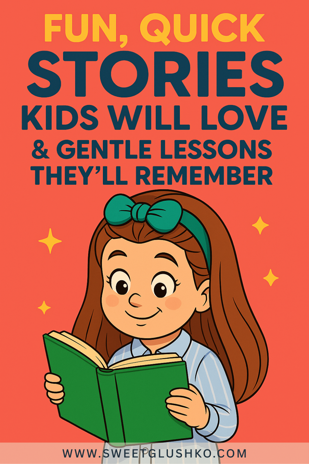 Current image: Smiling young girl with a green headband reading a green book, surrounded by a warm red background and sparkles, capturing a love for fun and meaningful kids’ stories.