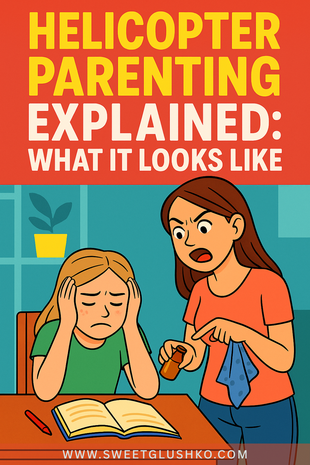 Illustration of a frustrated child sitting at a desk with a book, while an intense parent hovers and points, visually explaining helicopter parenting behavior.