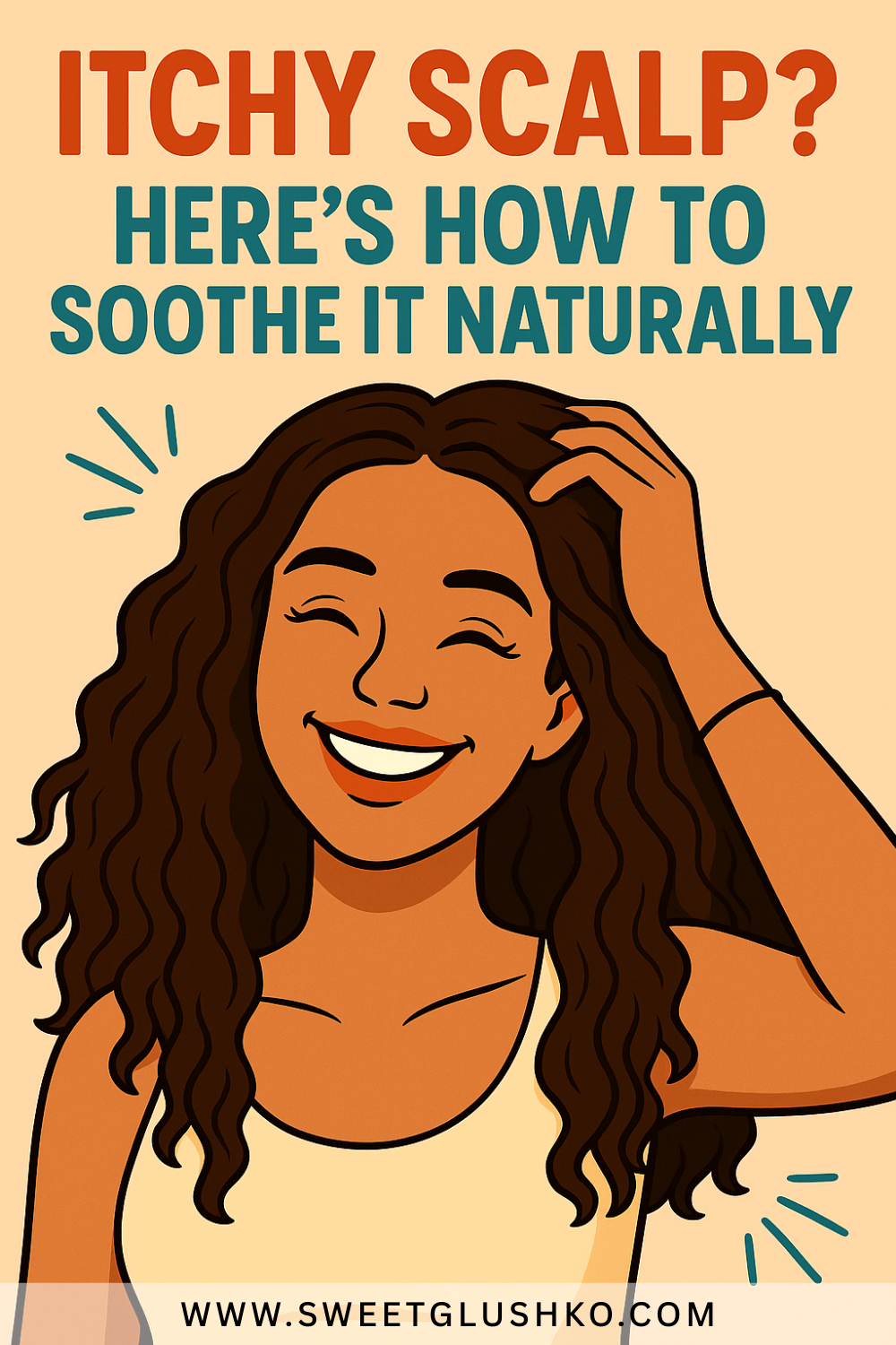 Current image: Smiling woman with curly hair gently scratching her scalp, appearing happy and relieved, with soothing graphic lines around her head.