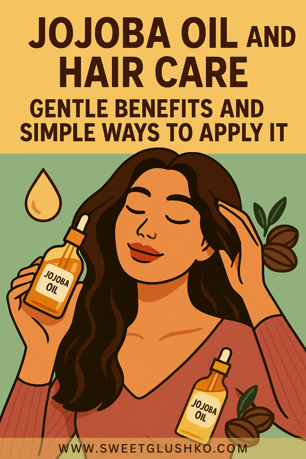 Illustration of a woman with long dark hair applying jojoba oil while smiling calmly. She holds a bottle labeled "Jojoba Oil" and gently massages her scalp. The background includes natural elements like leaves and oil drops, reinforcing the theme of gentle hair care using natural oils. The tone is warm and soothing.