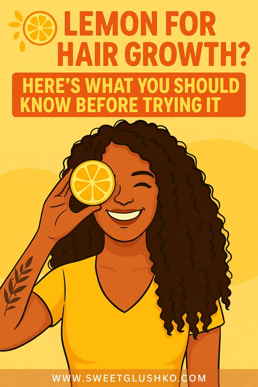 Current image: Smiling woman with long curly hair holding a lemon slice playfully over one eye, suggesting a natural approach to supporting hair growth.