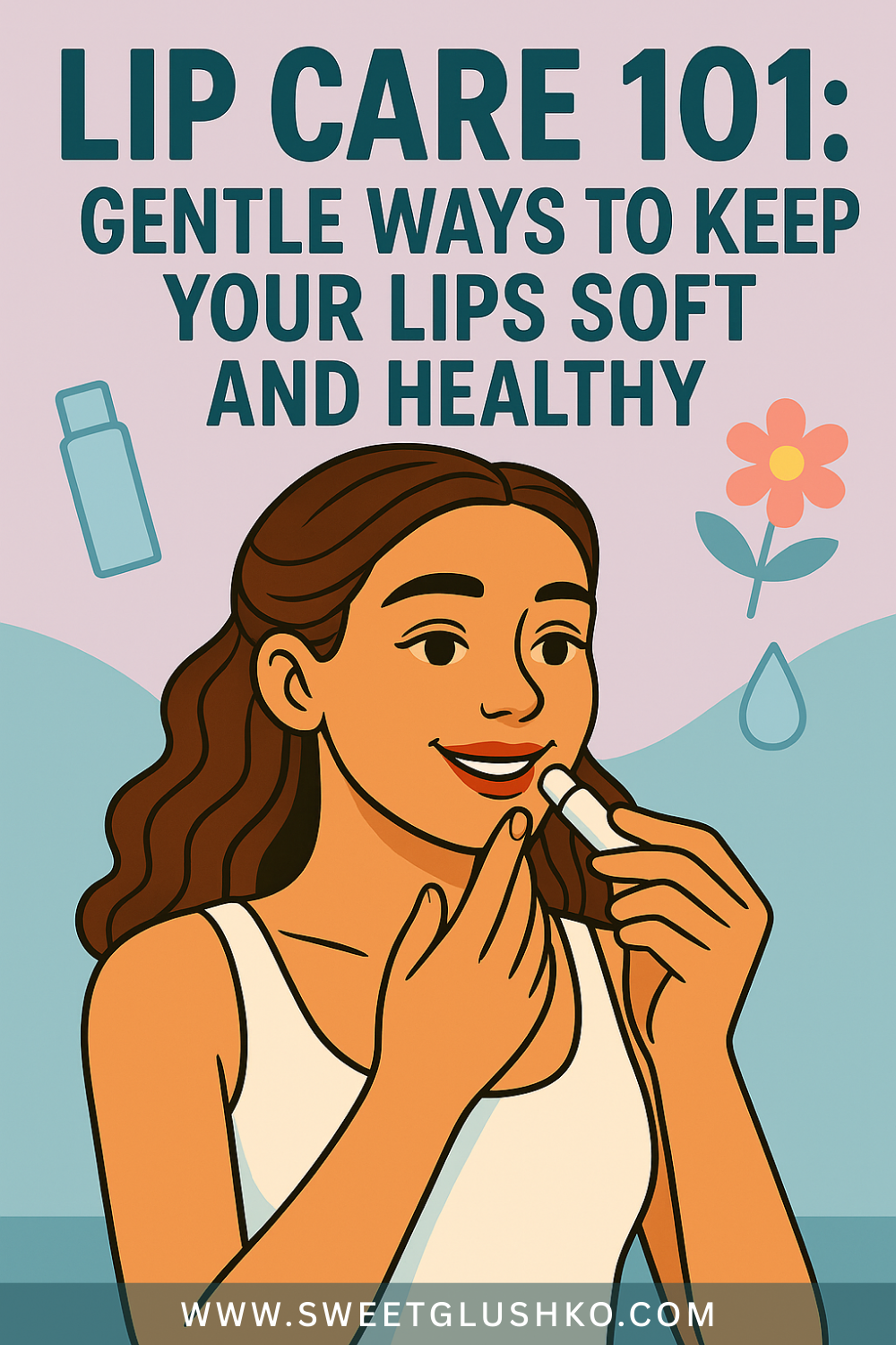 Cartoon-style image of a smiling woman applying lip balm, with the title “Lip Care 101: Gentle Ways to Keep Your Lips Soft and Healthy.” The background includes soft pink and blue tones with illustrations of a flower and balm bottle for a soothing, self-care feel.