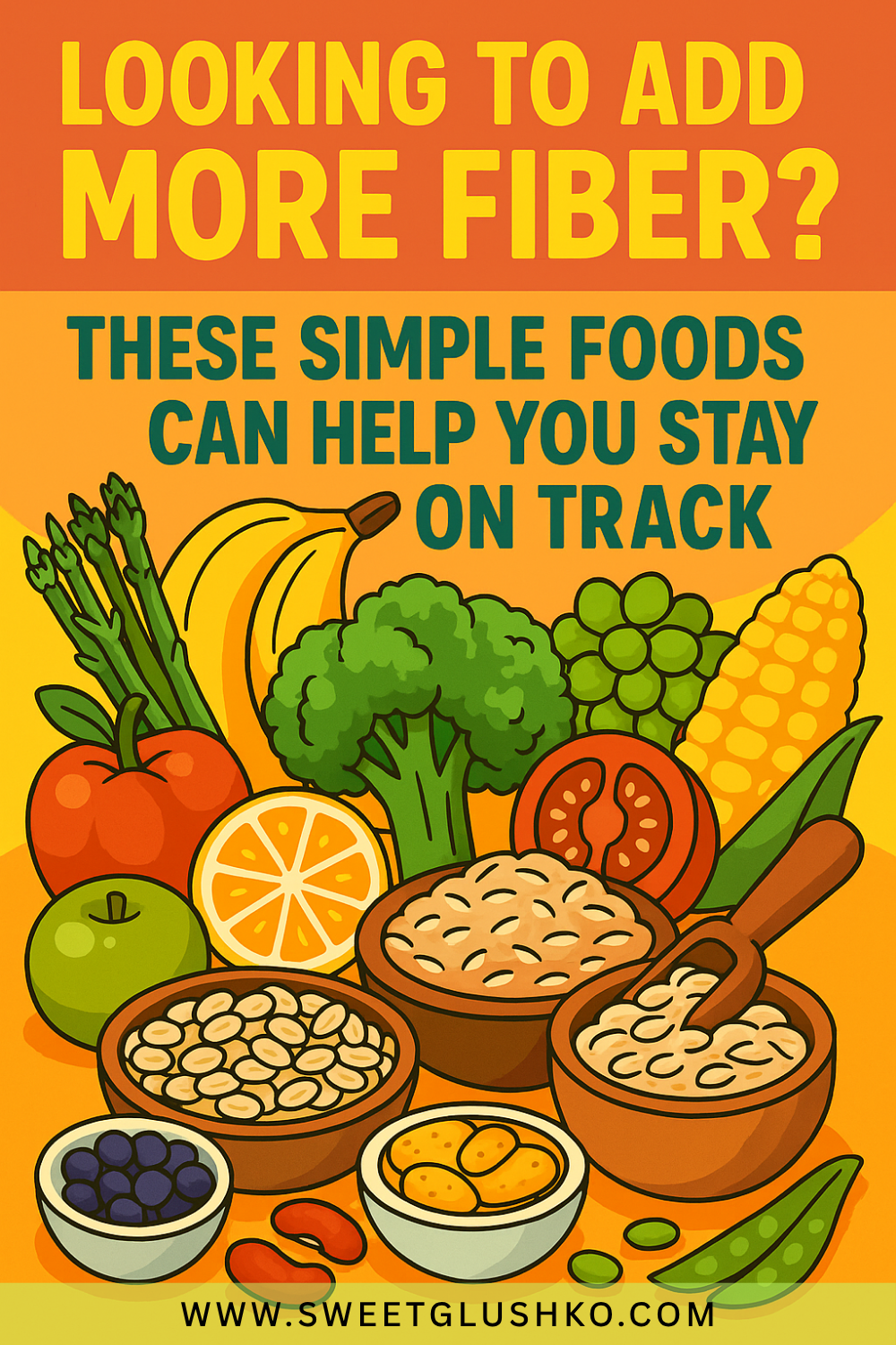Colorful illustration of high-fiber foods like broccoli, bananas, oats, beans, apples, corn, and berries arranged on a bright background, promoting simple ways to add more fiber to your diet.

