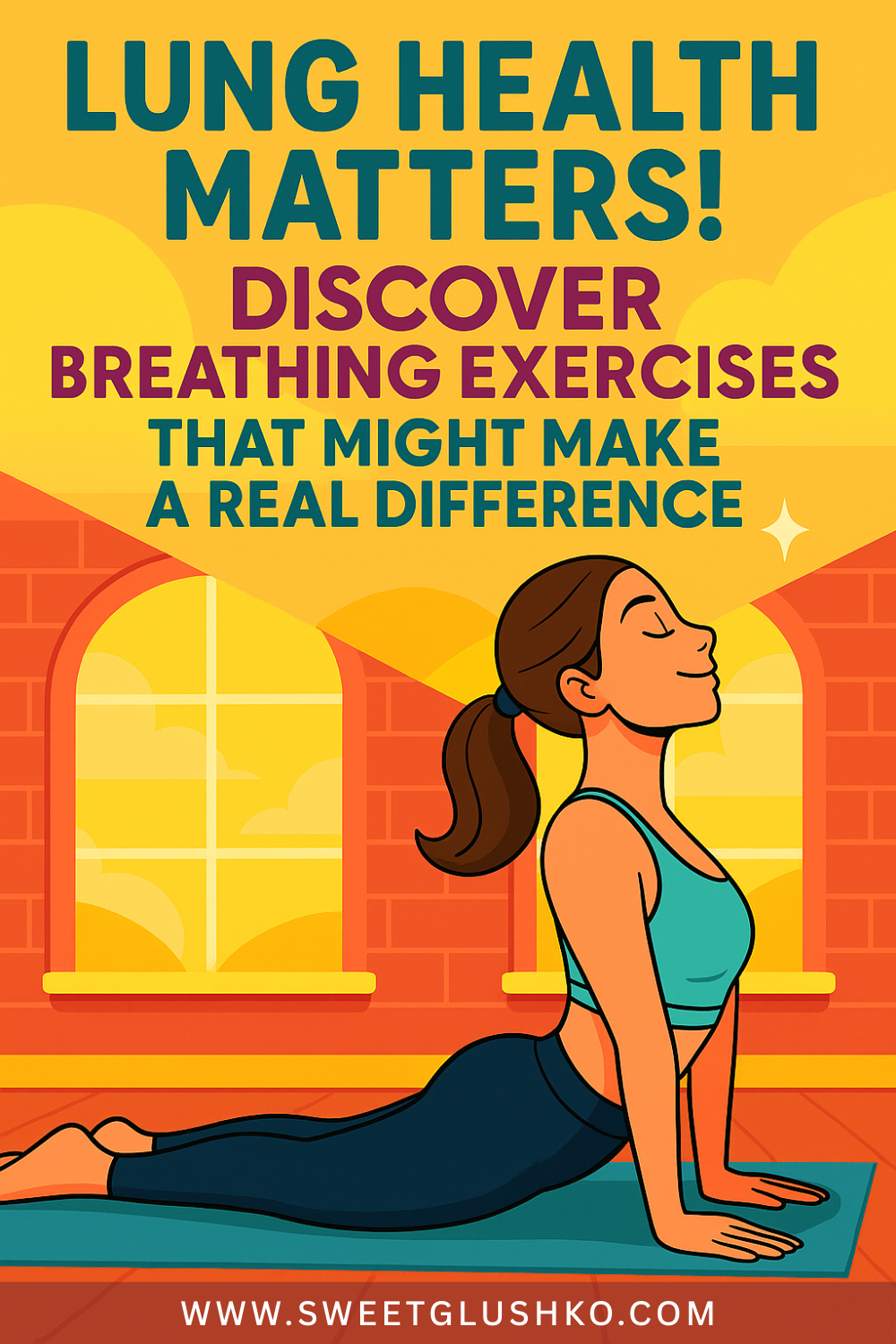 Current image: Illustration of a woman practicing a deep-breathing yoga pose on a mat in a sunny room, highlighting mindful movement to support lung health.