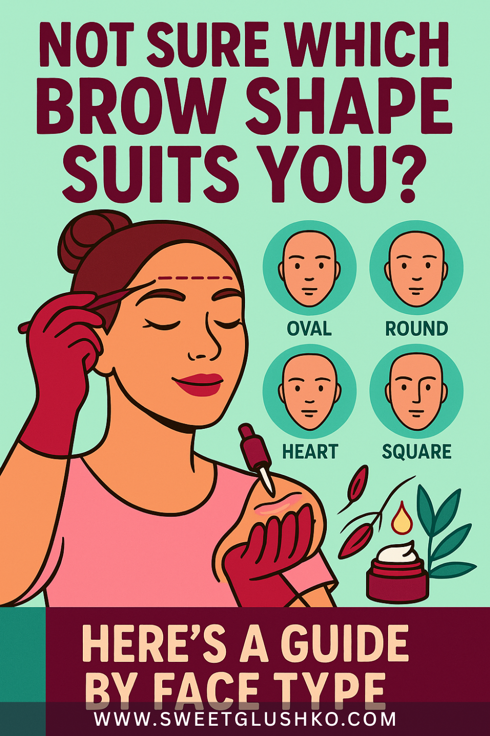 Illustration of a woman applying brow makeup with a brush, eyes closed and smiling. The background includes diagrams of different face shapes—oval, round, heart, and square—alongside beauty icons like a cream jar and leaves. The setting is bright and friendly, designed to visually guide viewers in choosing the right brow shape for their face type.
