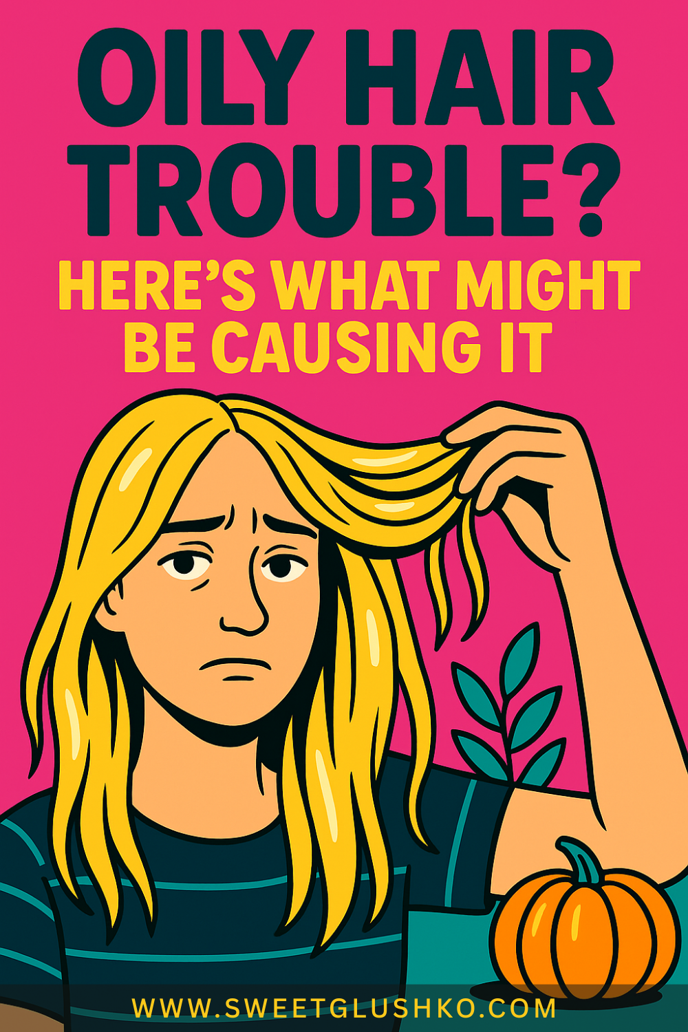 Cartoon-style image of a concerned person with long, oily blonde hair holding up a greasy strand while frowning. The person wears a striped shirt, and a small pumpkin and green plant are visible nearby. The background is bold pink, emphasizing the oily hair concern.