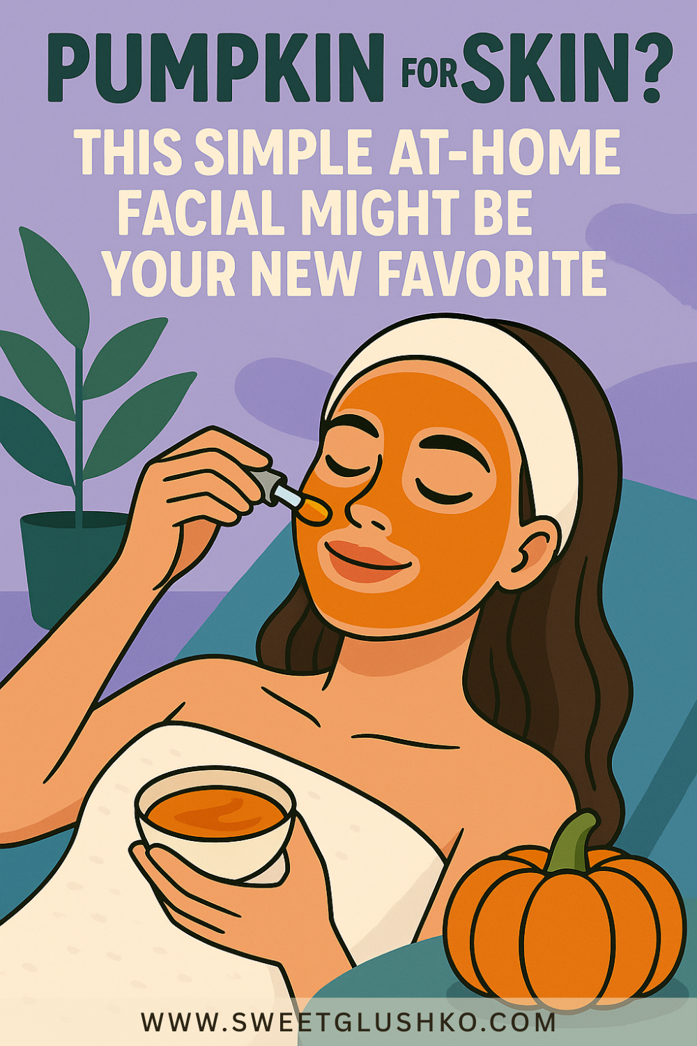 Illustration of a woman relaxing on a couch with a pumpkin facial mask applied to her face. She's using a brush to apply the mask from a small bowl. A pumpkin sits nearby, and the background is decorated with leaves and a potted plant. The image promotes the idea of a soothing, at-home pumpkin skincare routine.