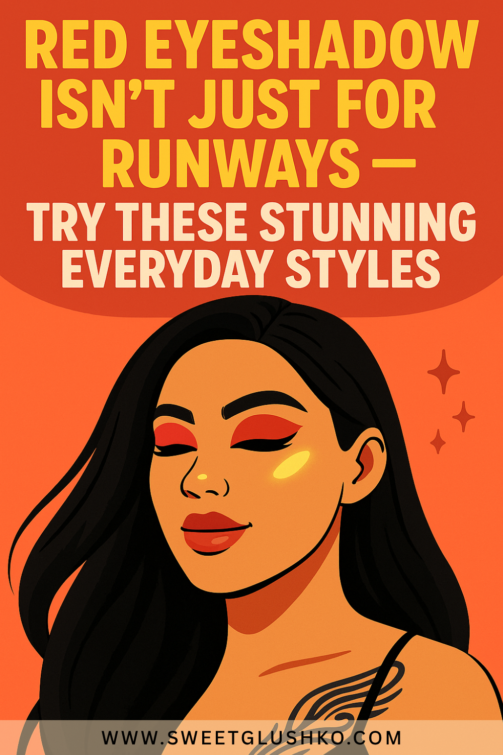 Stylish woman with long black hair wearing bold red eyeshadow and winged eyeliner, showcasing a chic everyday makeup look against a vibrant orange background.