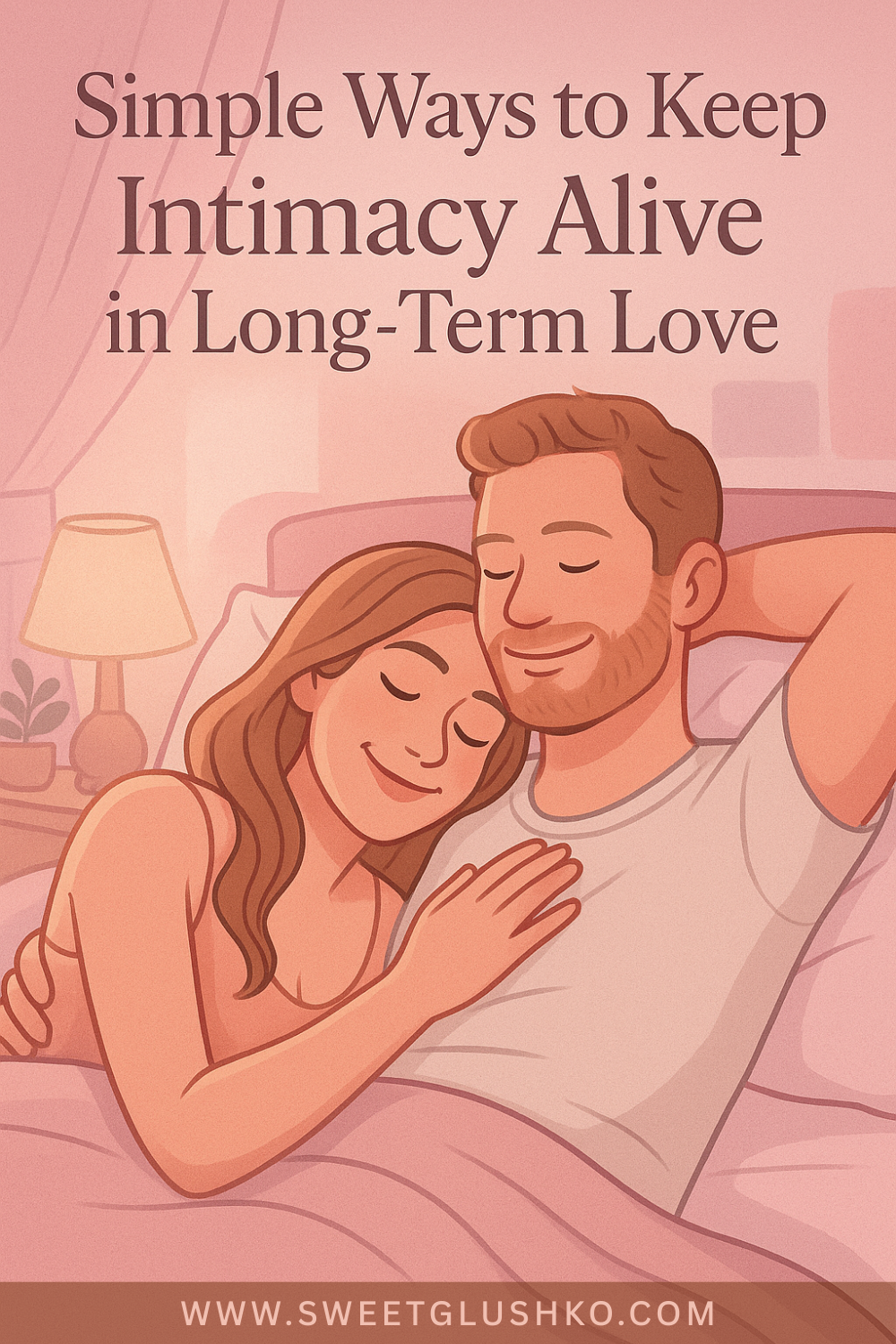 Illustration of a smiling couple cuddling peacefully in bed under soft pink lighting, with text highlighting ways to keep intimacy alive in long-term love.