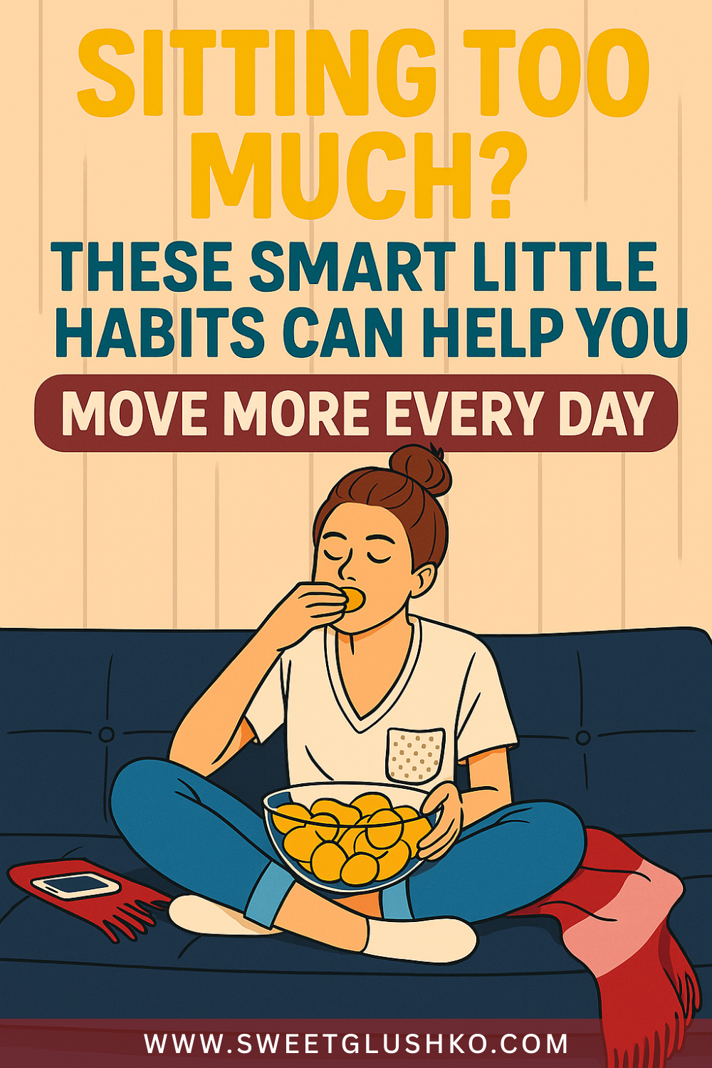 Illustration of a woman sitting cross-legged on a couch eating chips, representing the impact of sedentary lifestyle and the need for more daily movement.