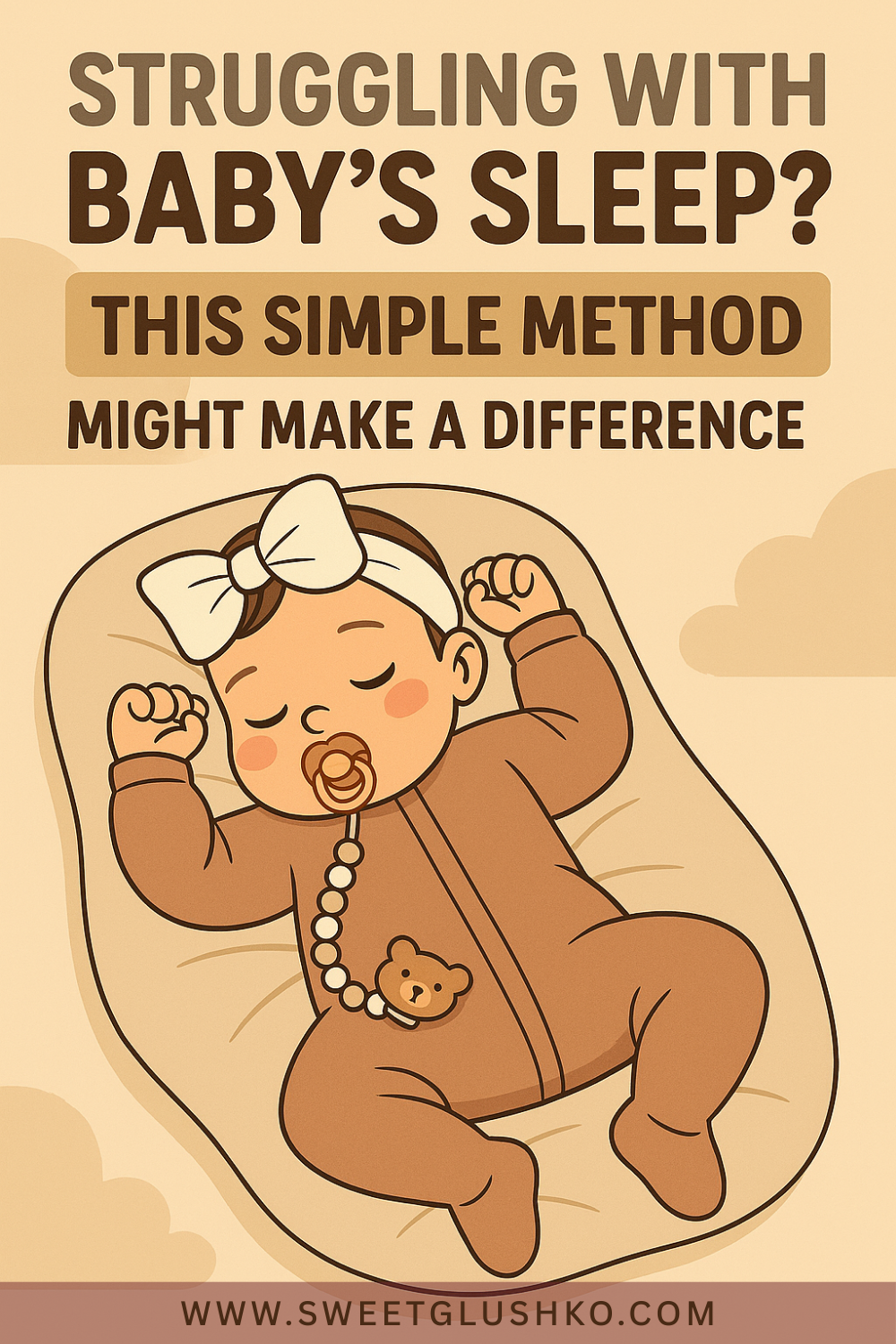 Current image: Illustration of a peacefully sleeping baby in a brown onesie with a pacifier and headband, lying on a cushioned surface, representing gentle methods to improve baby sleep.