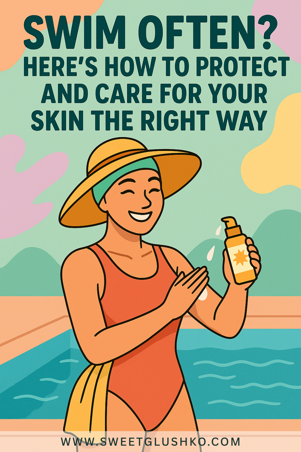 Illustration of a smiling woman by the pool in a red swimsuit and wide-brim hat, applying sunscreen with the caption about protecting and caring for skin if you swim often.