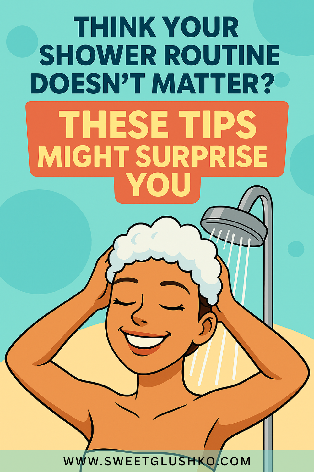 Illustration of a smiling person enjoying a shower while massaging shampoo into their hair, highlighting the benefits of a mindful shower routine.