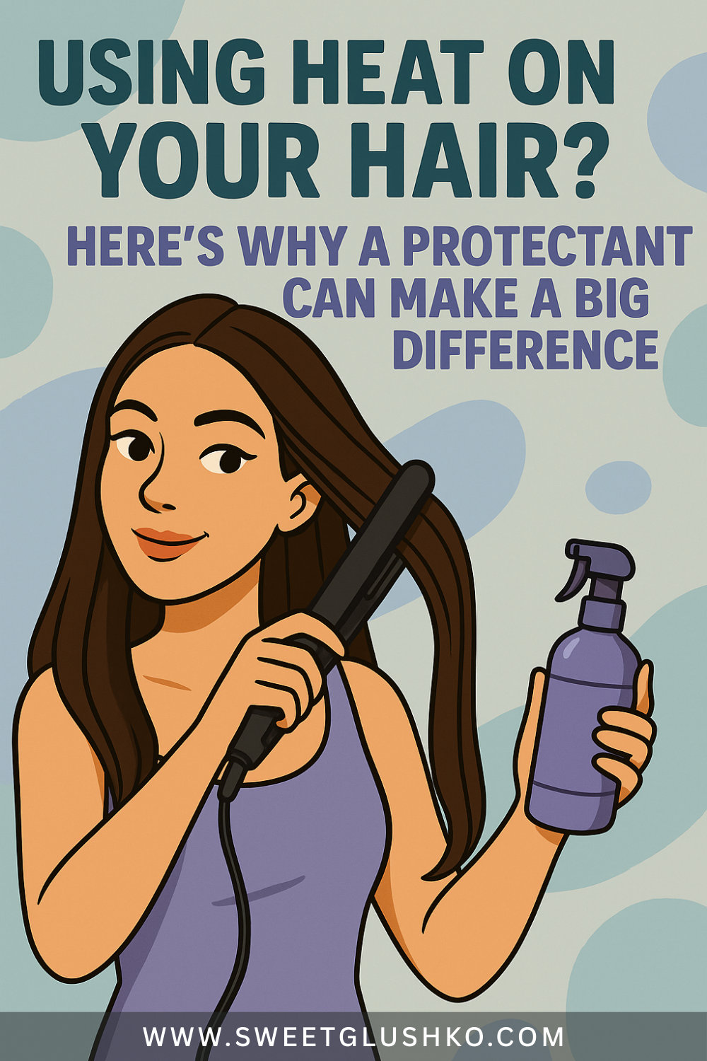 Illustration of a woman with long hair using a flat iron and holding a spray bottle, with the text emphasizing the importance of heat protectant for hair care.