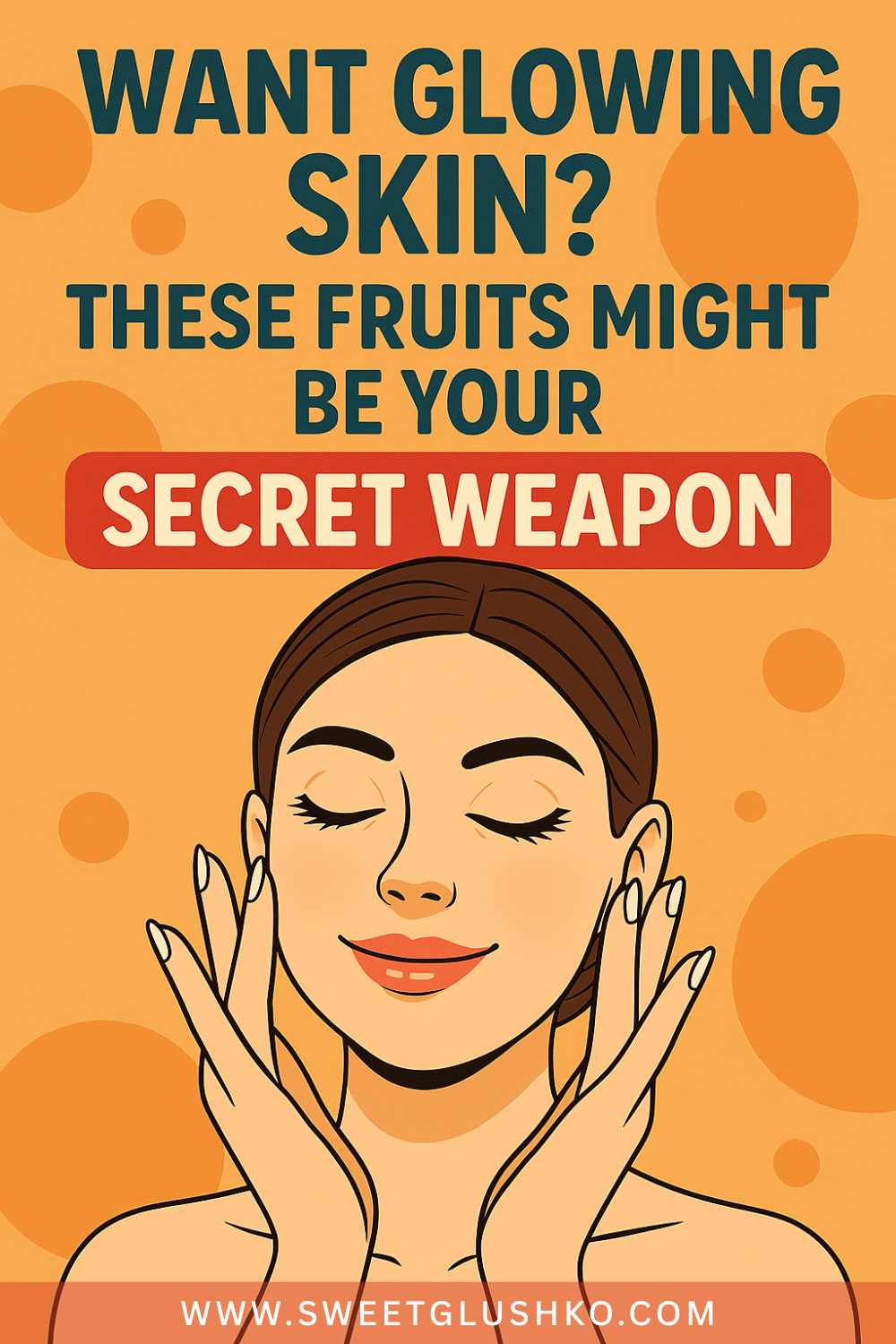 Illustration of a relaxed woman gently touching her glowing skin with both hands, highlighting how certain fruits may support radiant skin naturally.