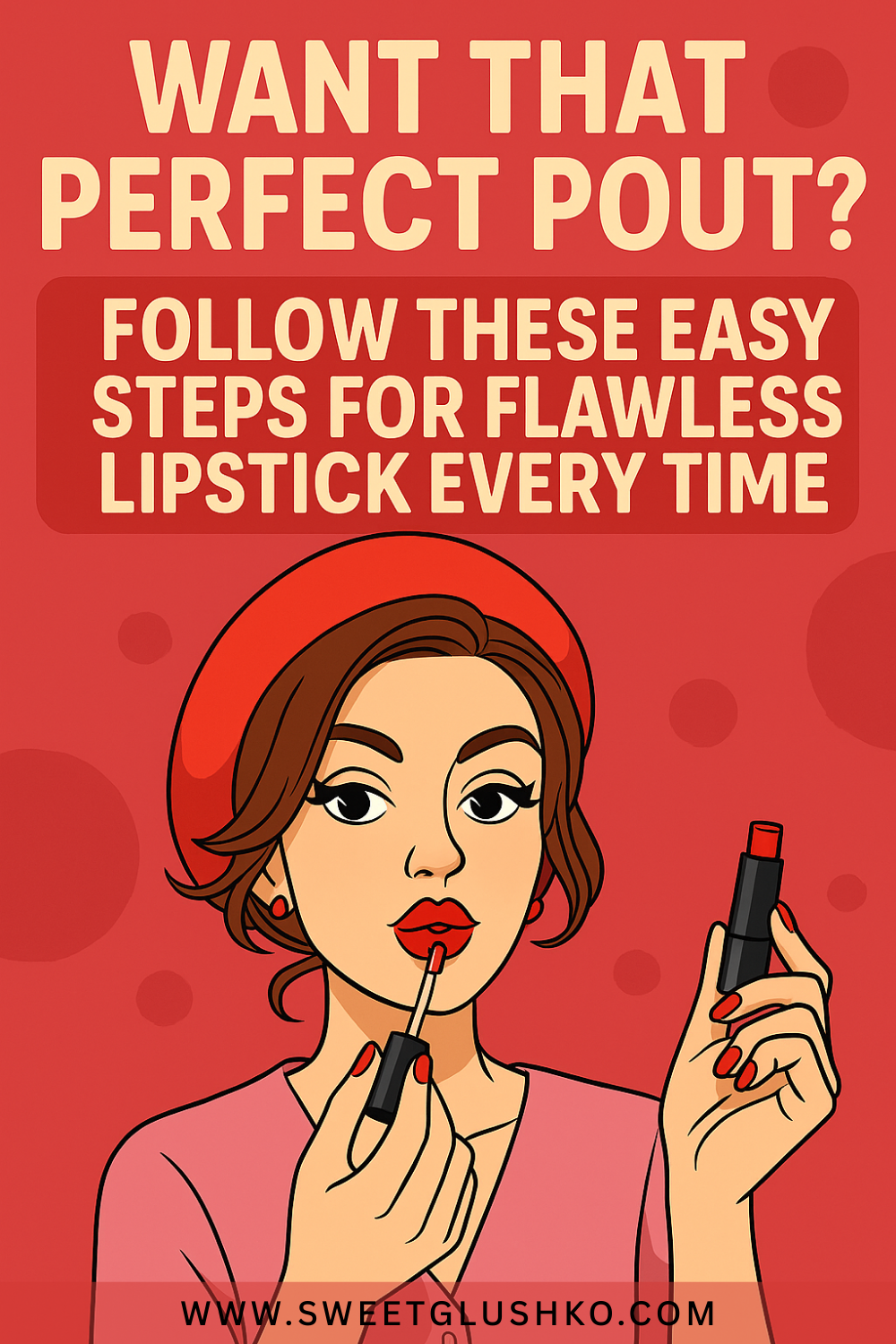 Current image: Woman applying red lipstick with a confident expression, holding a lipstick tube and wand, capturing the idea of achieving a flawless pout.