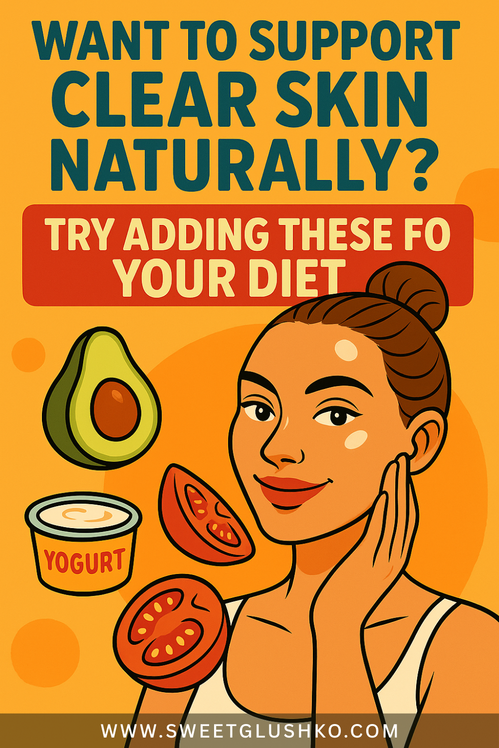 Illustration of a smiling woman gently touching her glowing cheek, surrounded by healthy food icons like avocado, yogurt, and tomatoes, highlighting natural dietary support for clear skin.