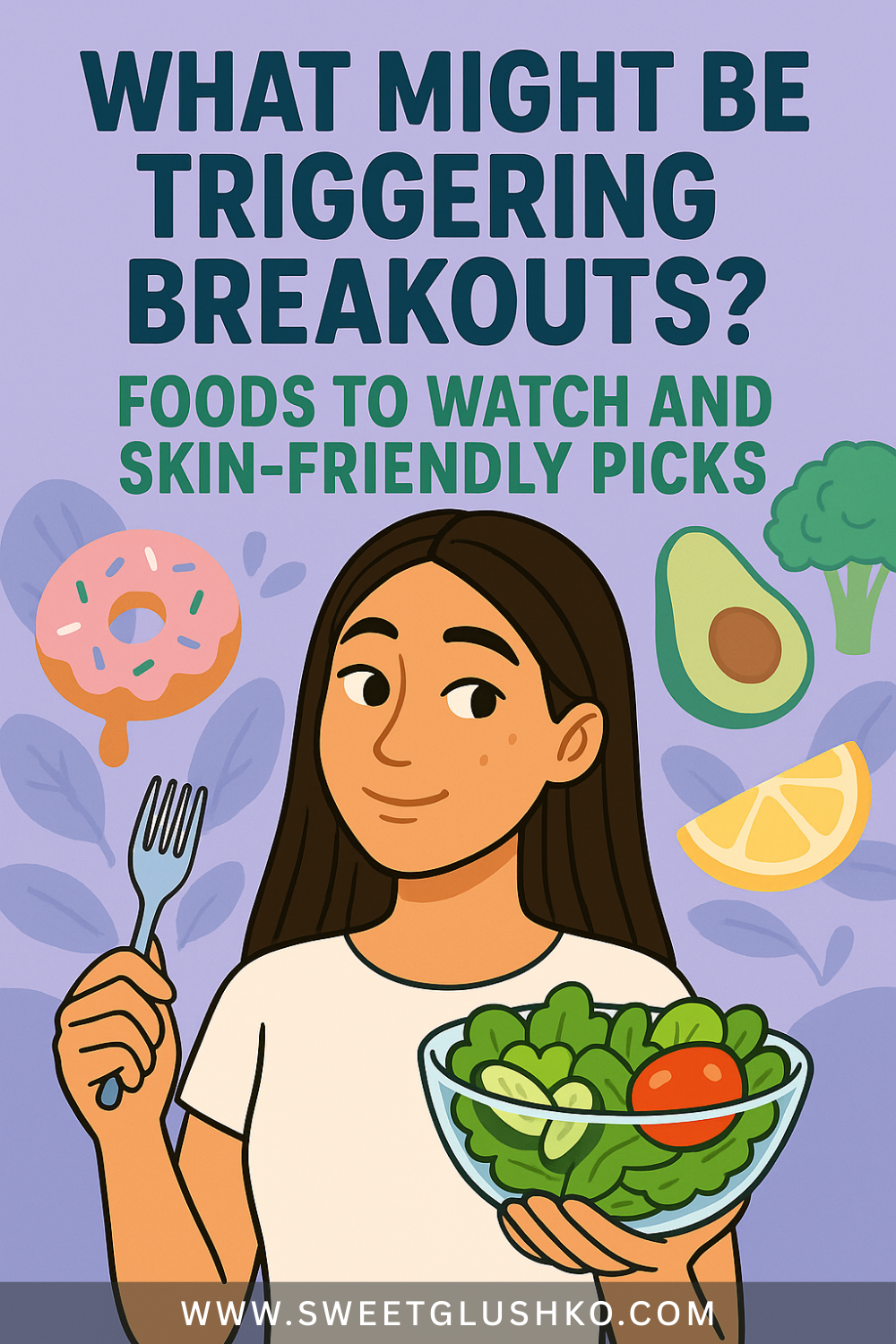 Illustration of a young woman with mild acne holding a salad and fork, surrounded by food icons like avocado, lemon, broccoli, and a donut, highlighting dietary links to breakouts.