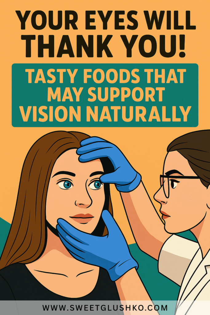 Illustration of an eye examination where a doctor checks a young woman's eyes, highlighting the importance of foods that may support vision naturally.