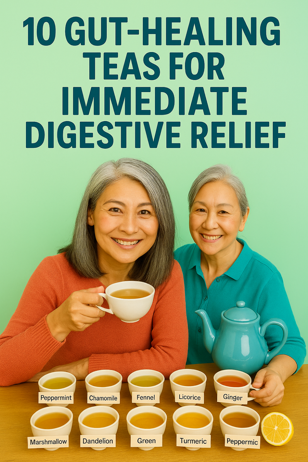 Two smiling women enjoying gut-healing herbal teas—peppermint, chamomile, fennel, licorice, ginger, marshmallow, dandelion, green, turmeric—displayed in labeled cups with teal teapot and lemon slice for digestive relief.
