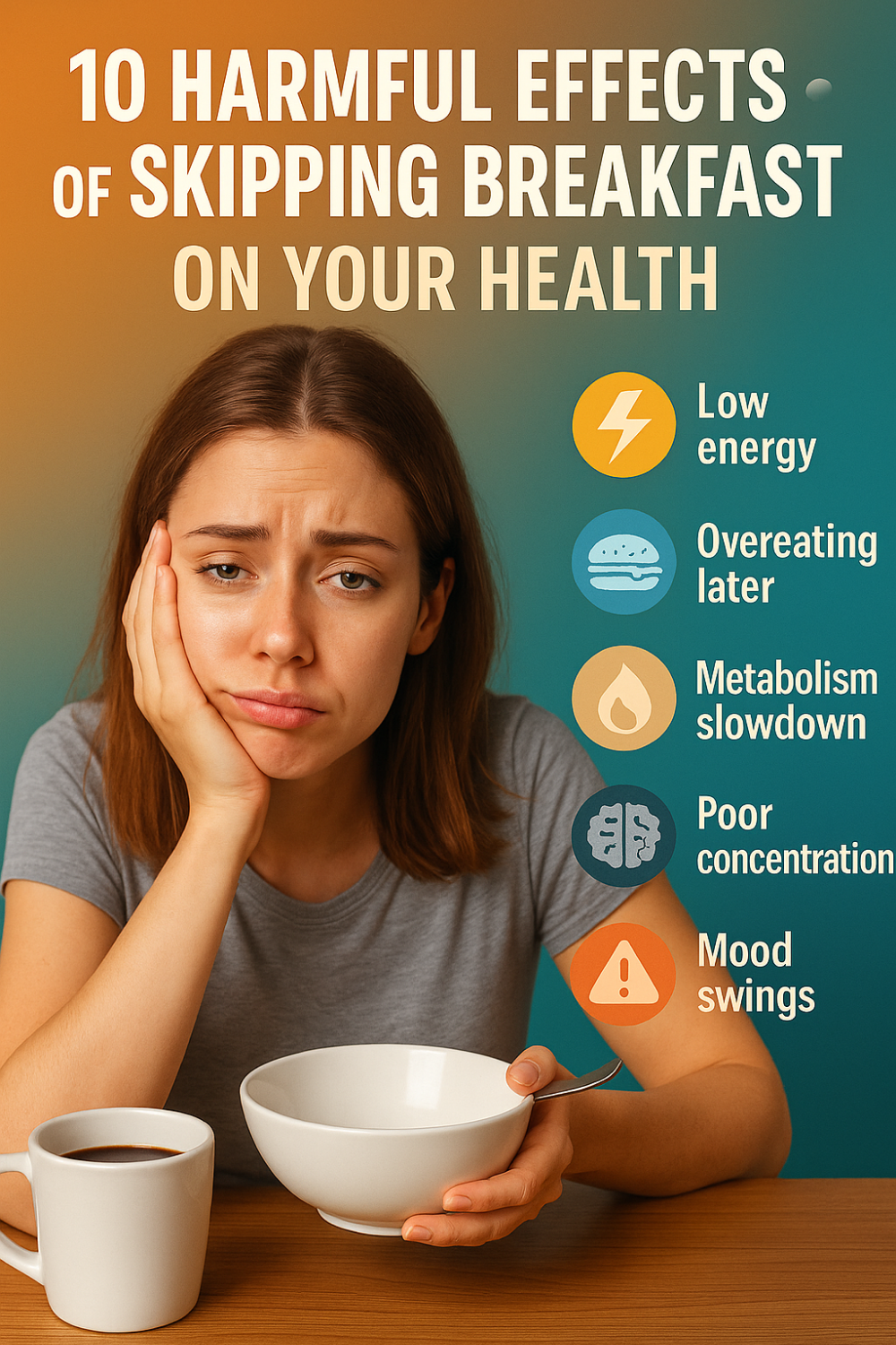 Woman looking tired and unhappy, holding an empty bowl and a cup of coffee.
