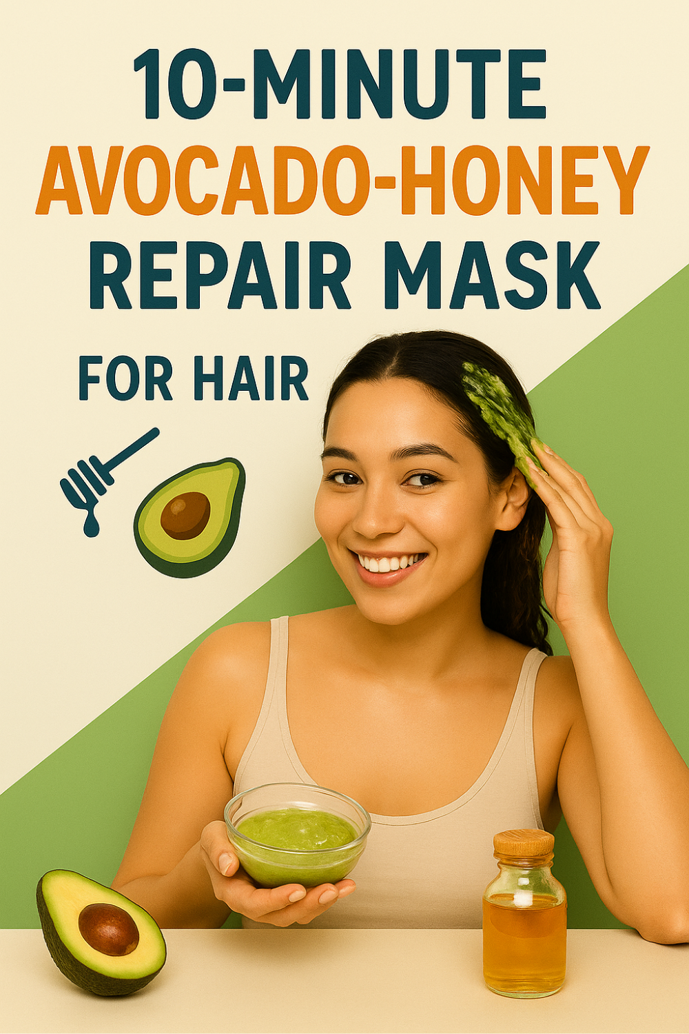 A smiling woman holds a bowl of avocado-and-honey hair mask and spreads the vibrant green mixture into her hair for a speedy, ten-minute repair treatment.