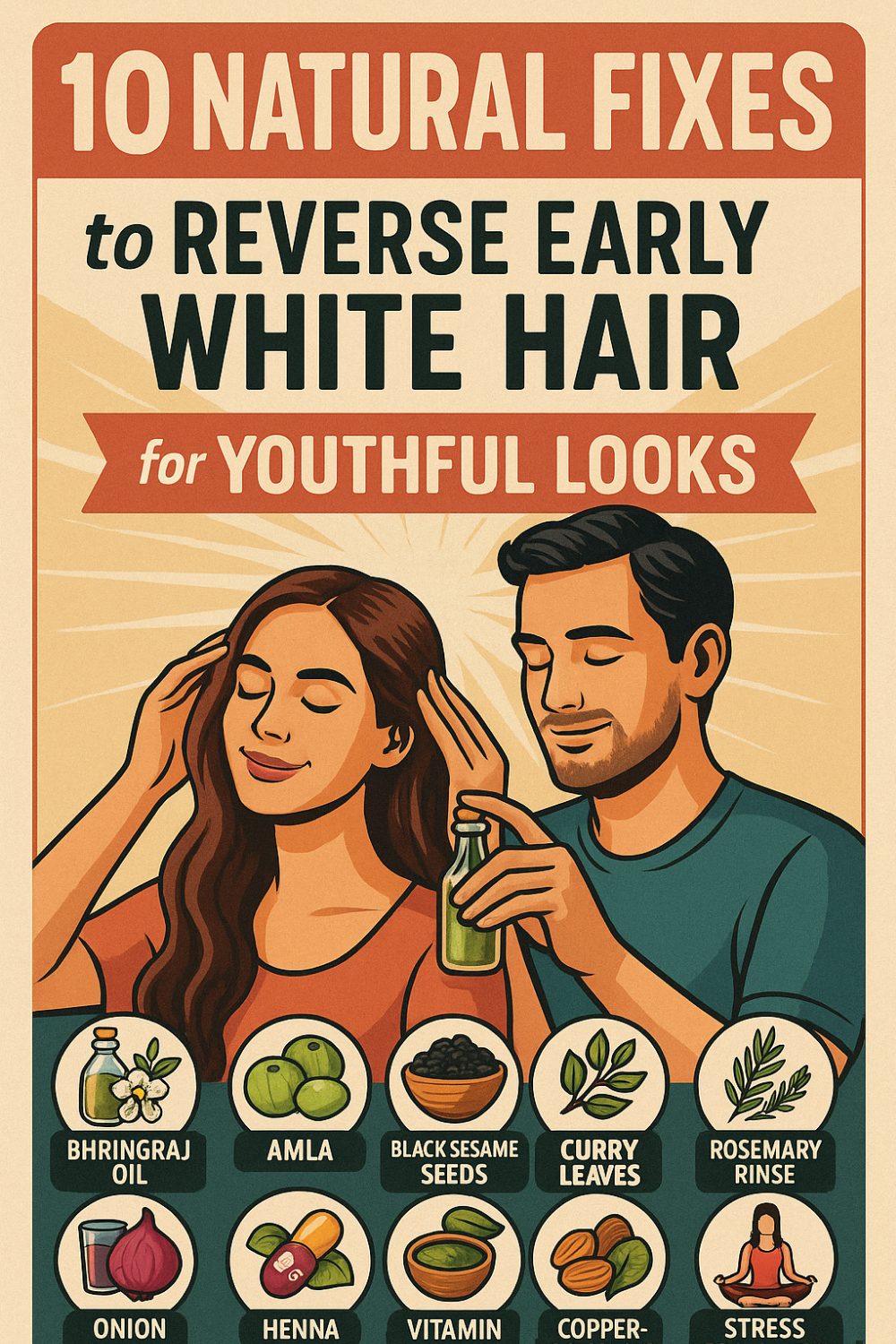 Man smiling with eyes closed as a partner gently applies a green herbal oil to her dark hair against a warm sunburst backdrop; below, ten circular icons highlight natural remedies—bhringraj oil, amla fruit, black sesame seeds, curry leaves, rosemary rinse, onion juice, henna, vitamin supplements, copper-rich nuts, and stress-relief meditation—offering DIY fixes to reverse early white hair and maintain a youthful look.