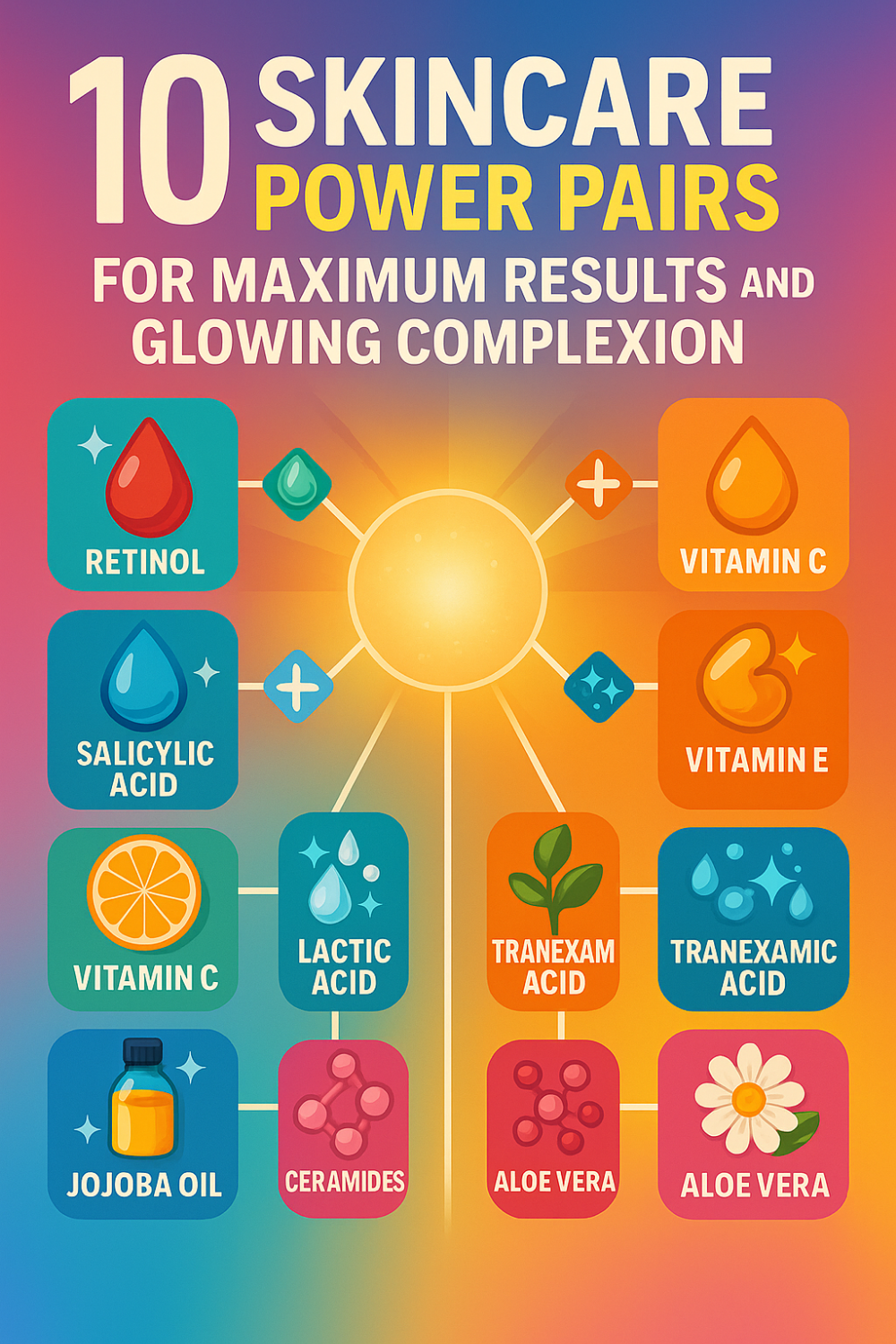 Sunlit gradient backdrop with a central glowing orb connected to ten paired skincare ingredients by white lines: on the left, Retinol (red droplet) paired with Salicylic Acid (blue droplet), Vitamin C (orange slice) paired with Lactic Acid (blue drops), and Jojoba Oil (amber bottle) paired with Ceramides (molecule icon); on the right, Vitamin C (amber droplet) paired with Vitamin E (seed icon), Tranexamic Acid (green leaf) paired with Tranexamic Acid (blue drops), and Aloe Vera (green leaf) paired with Aloe Vera (daisy);