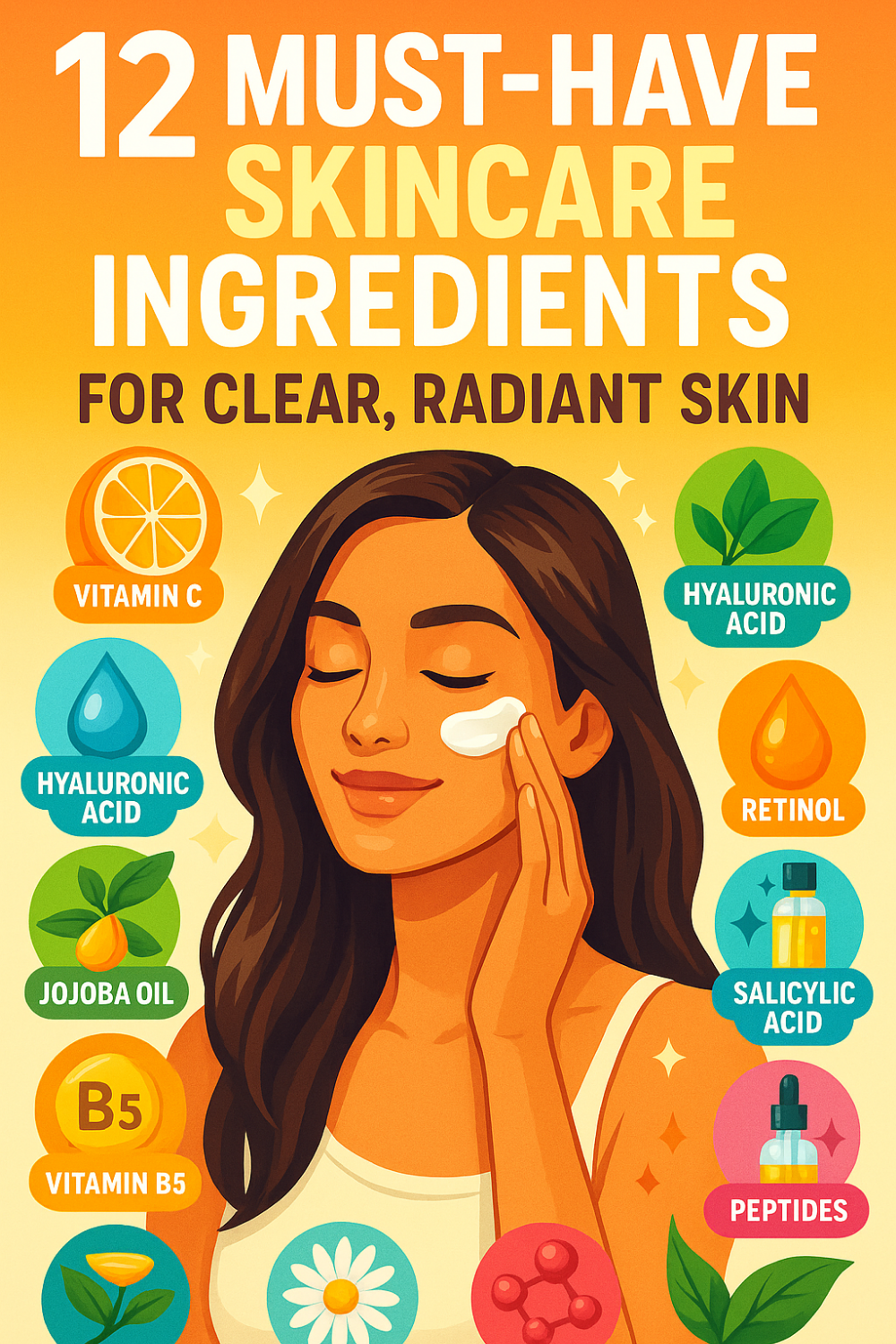 Smiling woman gently applying a dollop of cream to her right cheek against a warm golden‐orange gradient background, surrounded by twelve colorful circular icons—each labeled with a key skincare ingredient, including Vitamin C (orange slice), Hyaluronic Acid (blue droplet), Jojoba Oil (green leaves with yellow drop), Vitamin B5 (gold pill), Retinol (amber droplet), Salicylic Acid (small serum bottle), Peptides (pink dropper bottle), plus soothing botanicals and barrier-supporting elements.