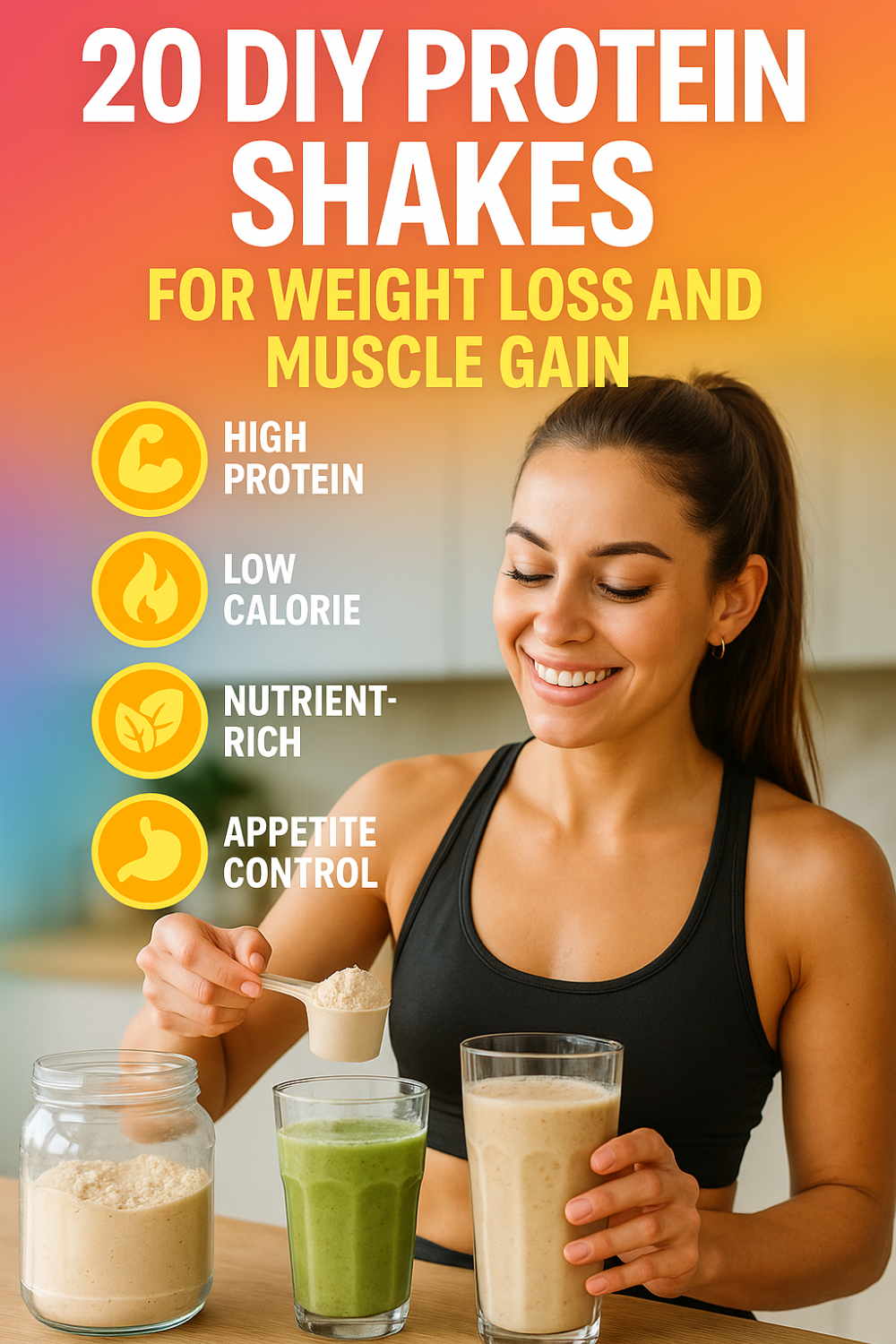 Woman scooping protein powder into green and beige shakes on a kitchen counter; icons depict high protein, low calories, nutrient‐rich, appetite control.