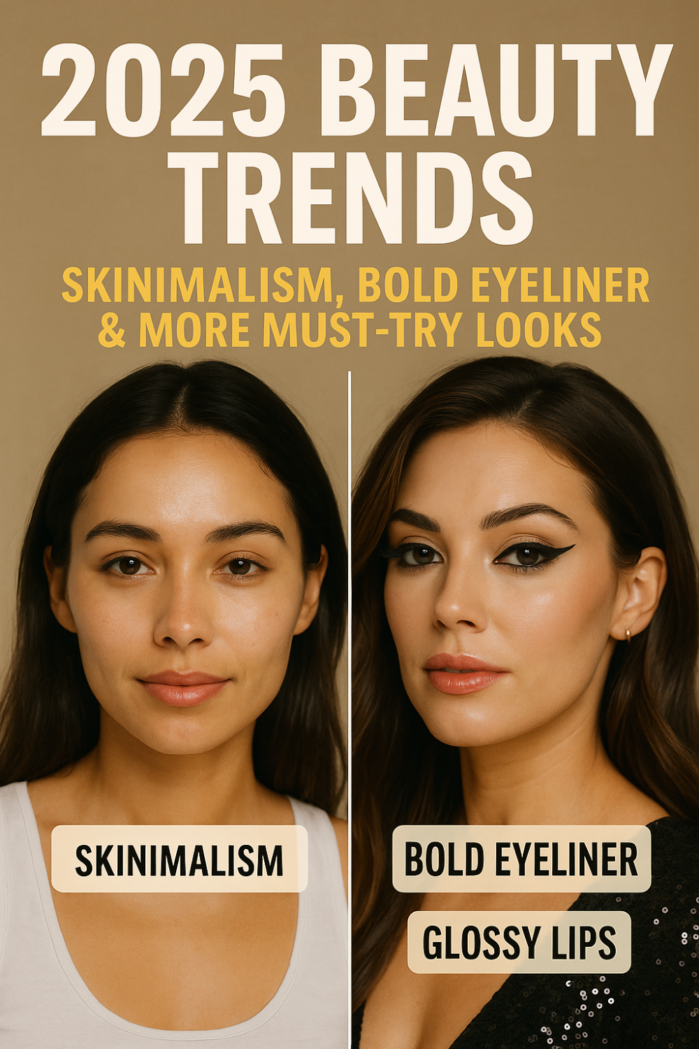 Split‐screen of a woman’s face under the headline “2025 Beauty Trends” – left side shows a bare “Skinimalism” look, right side features “Bold Eyeliner” and “Glossy Lips” on a warm brown background.