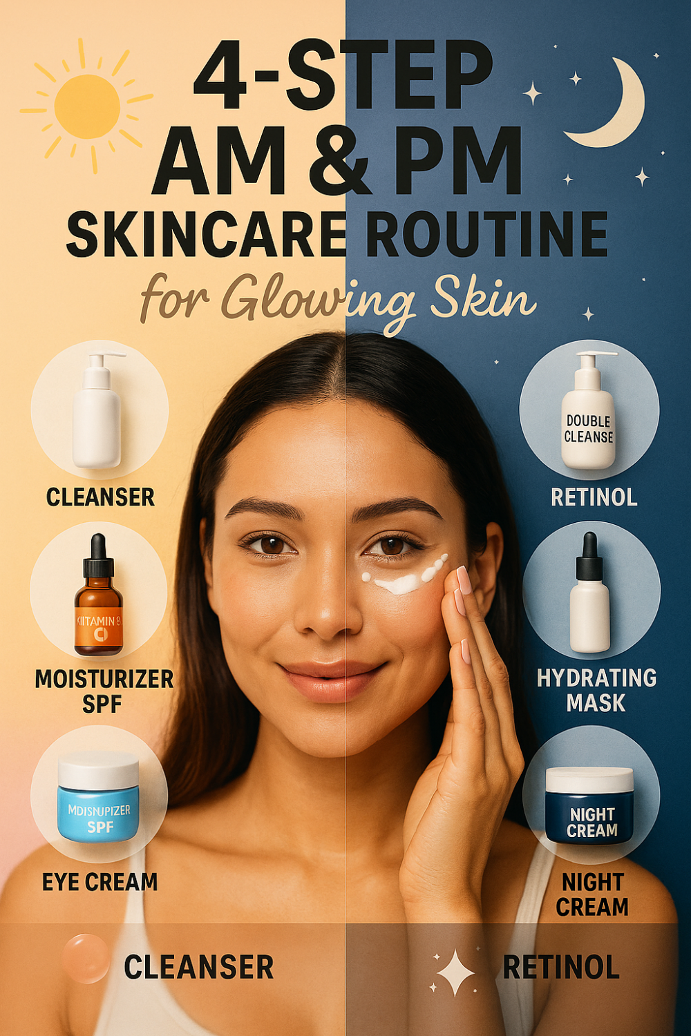 Split face of a woman between sunrise (left) and moonlight (right); left side shows Cleanser, Moisturizer + SPF, Eye Cream icons for morning; right side shows Double Cleanse, Retinol, Hydrating Mask, Night Cream icons for evening routine.
