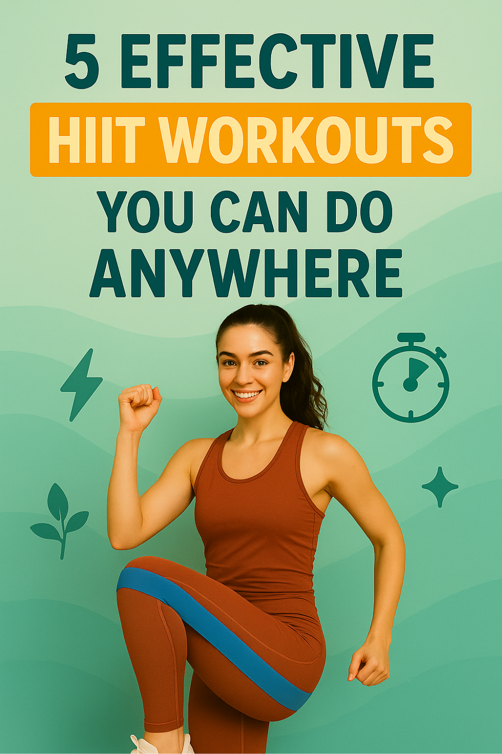 An energetic woman in a rust-colored athletic set lifts her knee and pumps her fist—mid–high-intensity move that hints at five effective HIIT workouts you can do anywhere; stopwatch, lightning bolt, and leaf icons pop against a mint gradient backdrop to emphasize quick, powerful, equipment-free training.