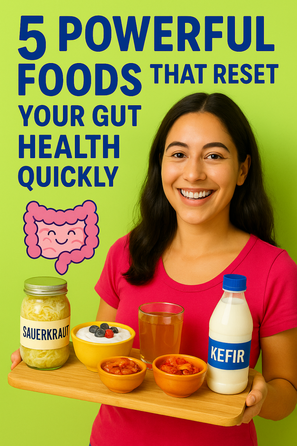 Smiling woman in pink top holding a wooden tray of gut-friendly foods—sauerkraut, berry-topped yogurt, kombucha, two bowls of kimchi, and a kefir bottle—against a bright green backdrop with a happy intestine graphic.