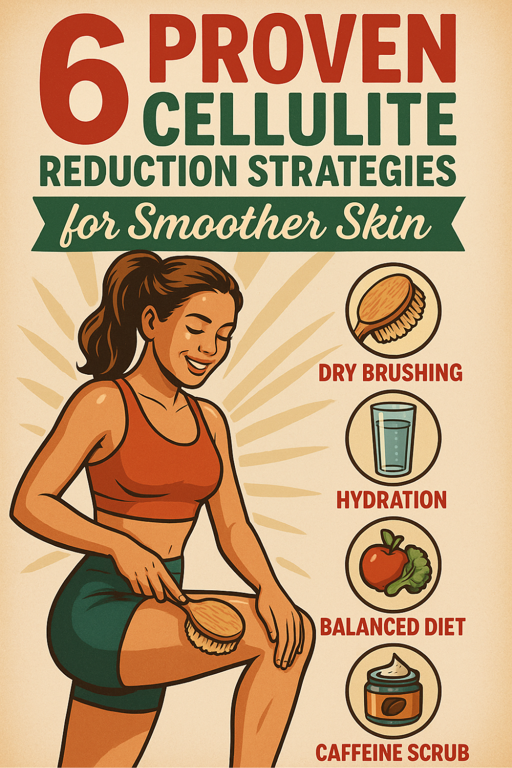 Smiling fit woman in a sports bra and shorts dry brushing her thigh against a warm, sunburst background; six circular icons to her right illustrate cellulite-fighting tips—dry brushing, hydration (glass of water), balanced diet (apple and greens), caffeine scrub (jar of cream)
