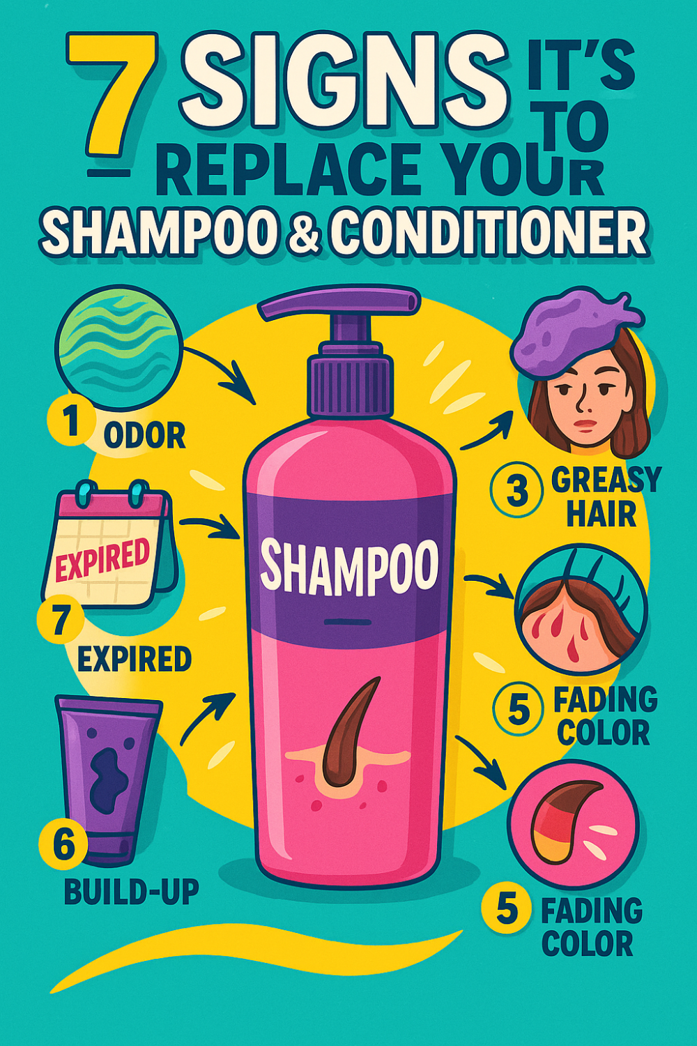 Pink shampoo pump bottle centered against a bright turquoise-and-yellow background, with circular arrows pointing to seven warning icons: a green swirl labeled “Odor,” a woman with a greasy hair graphic labeled “Greasy Hair,” a dripping hair strand graphic labeled “Fading Color,” a tube icon labeled “Build-Up,” and a small “Expired” calendar—illustrating the top signs it’s time to replace your shampoo and conditioner.