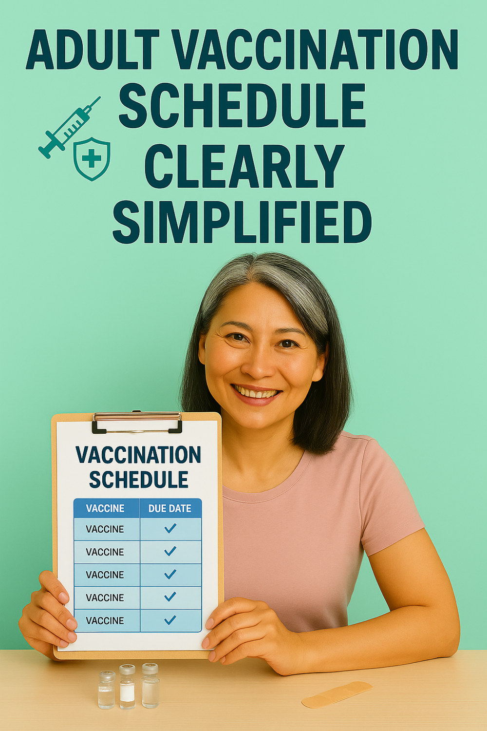 Smiling woman holding a simplified adult vaccination schedule.