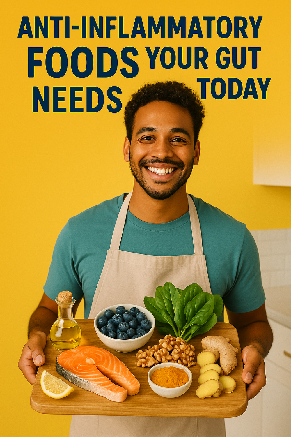 Man in apron holding a wooden tray of anti-inflammatory foods—salmon fillet, blueberries, spinach leaves, walnuts, sliced ginger, turmeric, olive oil, and lemon wedge—against a bright yellow kitchen backdrop