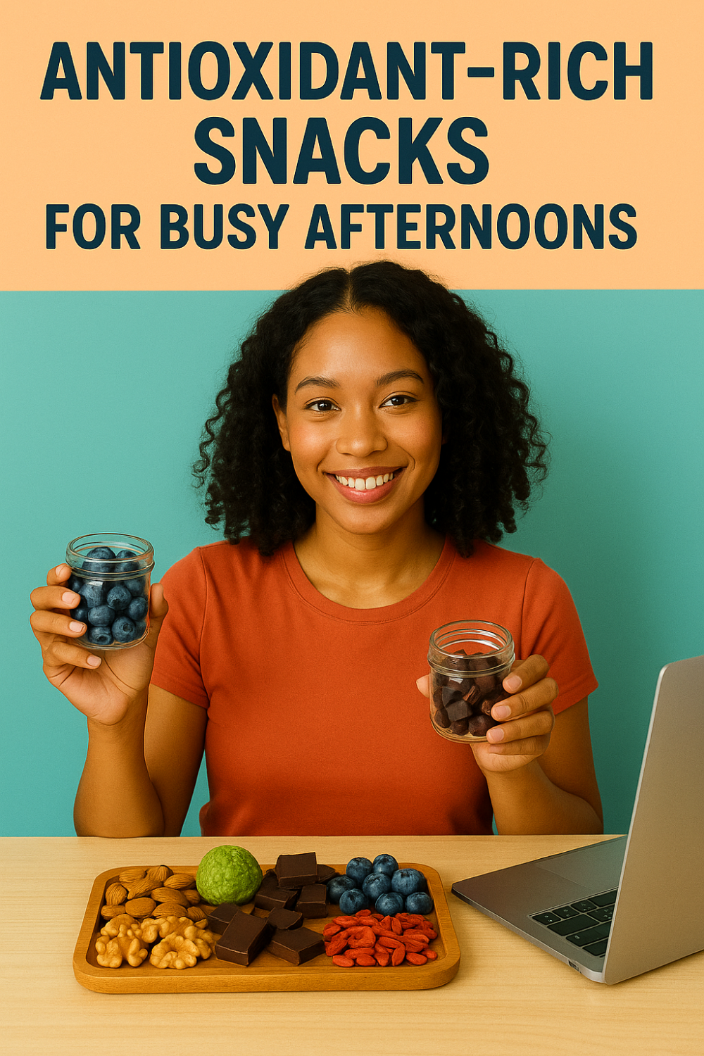 Smiling woman holding jars of blueberries and dark chocolate beside laptop, with tray of almonds, walnuts, dark chocolate squares, blueberries, goji berries and a green matcha bite—antioxidant-rich snacks for busy afternoons