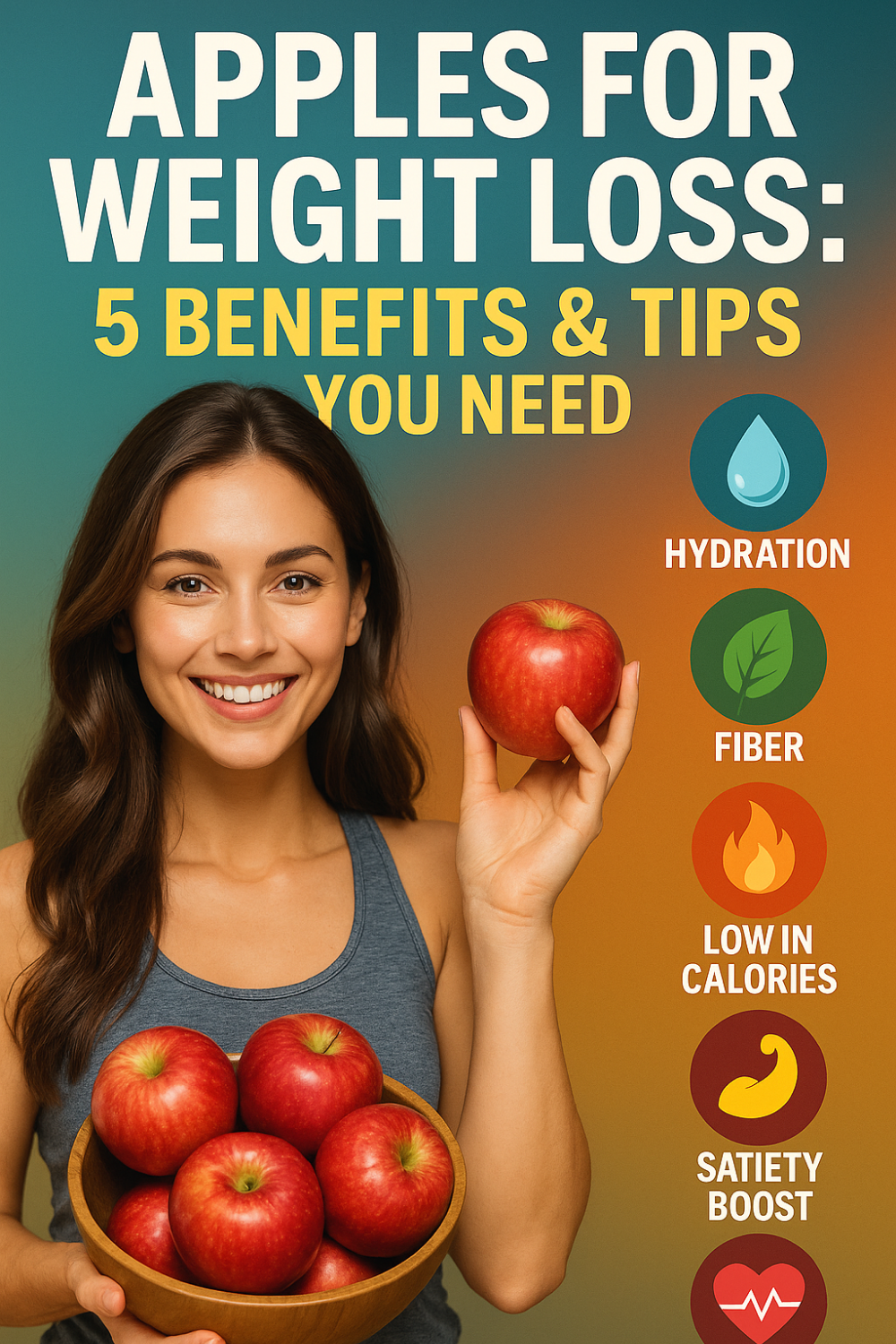 Smiling woman holding a bowl of red apples and a single apple against a teal‐orange gradient; to her right, simple icons depict hydration (water drop), fiber (leaf), low calories (flame), satiety boost (curved shape), and heart health.