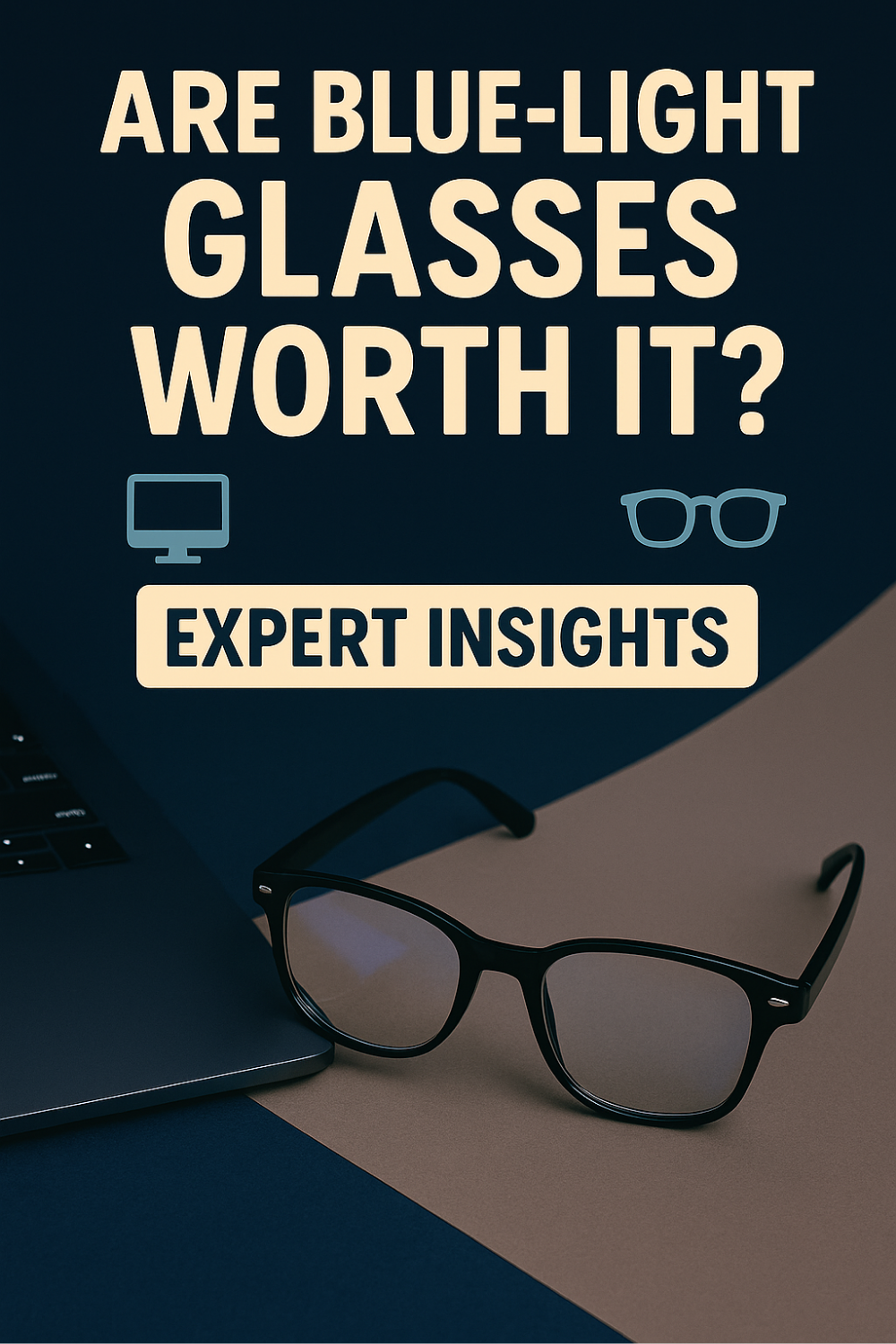 Blue-light filtering glasses lie next to a laptop on a dim desk, setting the stage for expert guidance on whether this screen-savvy eyewear is truly beneficial.
